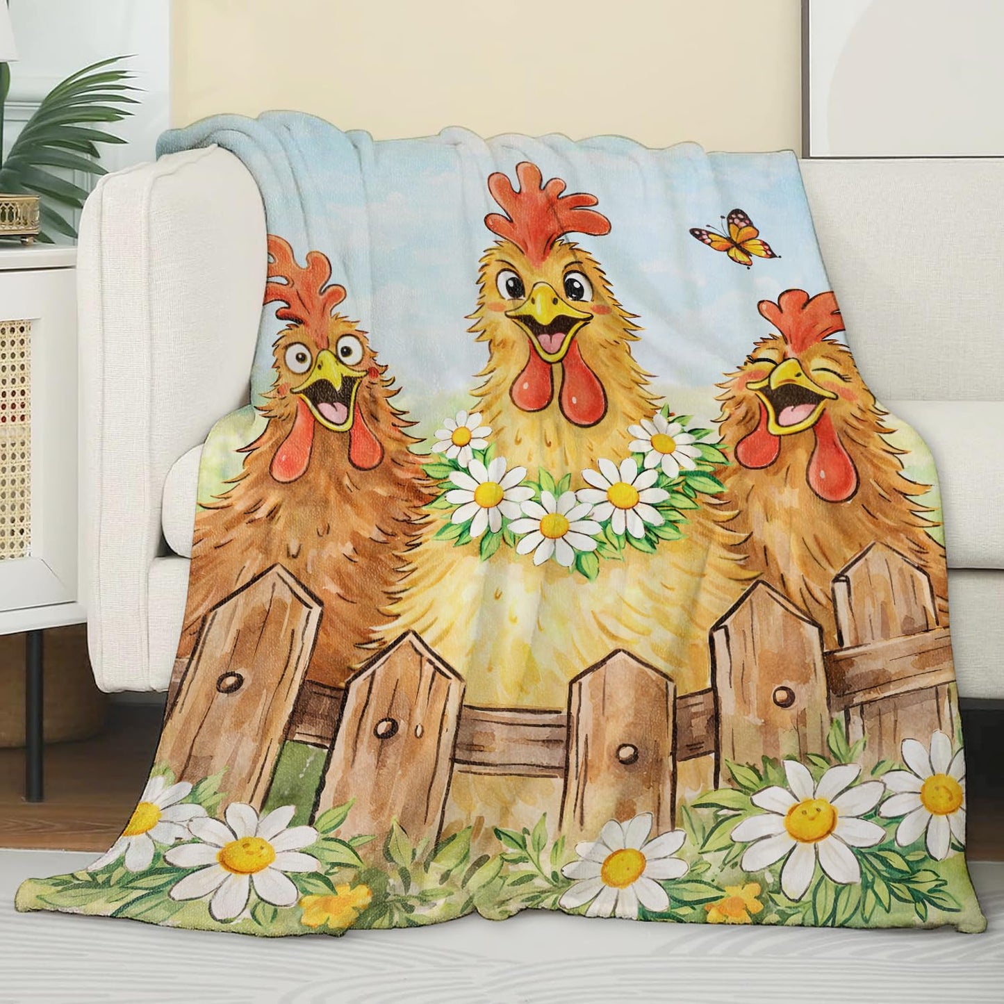 Zeleda Cute Chicken Daisy Cozy Throw Blanket for Couch Sofa Bed, Soft Flannel Farm Animal Blankets for Women Kids Girls, Warm Lightweight Whimsical Cartoon Throws for Room Decor Gifts, 50x60 Inches