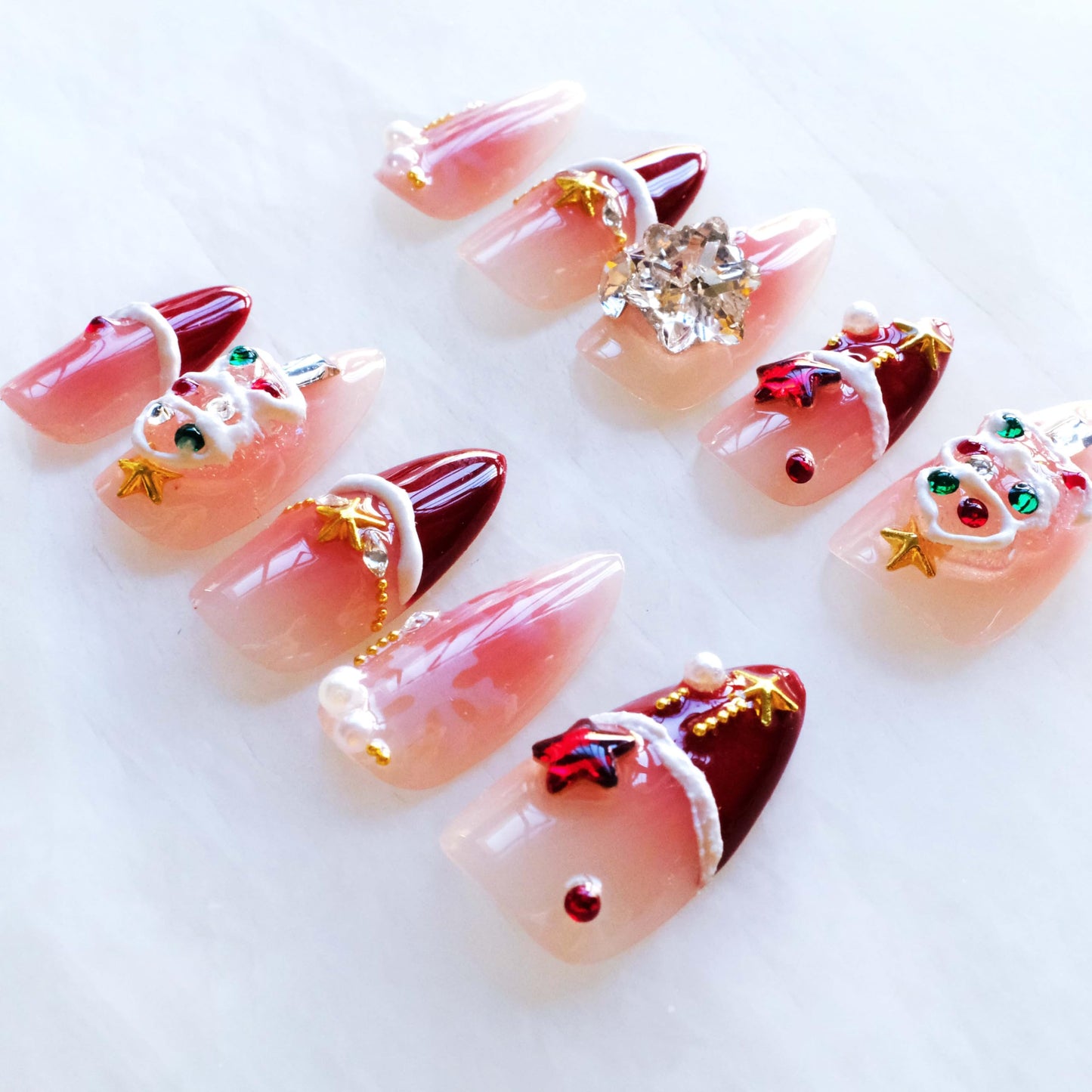 GLORS Christmas Press-on Nails, Medium Length Almond Shape, 3D Design with Snowflakes and Trees, Red and Pink, 10 Pieces (Medium, Almond)