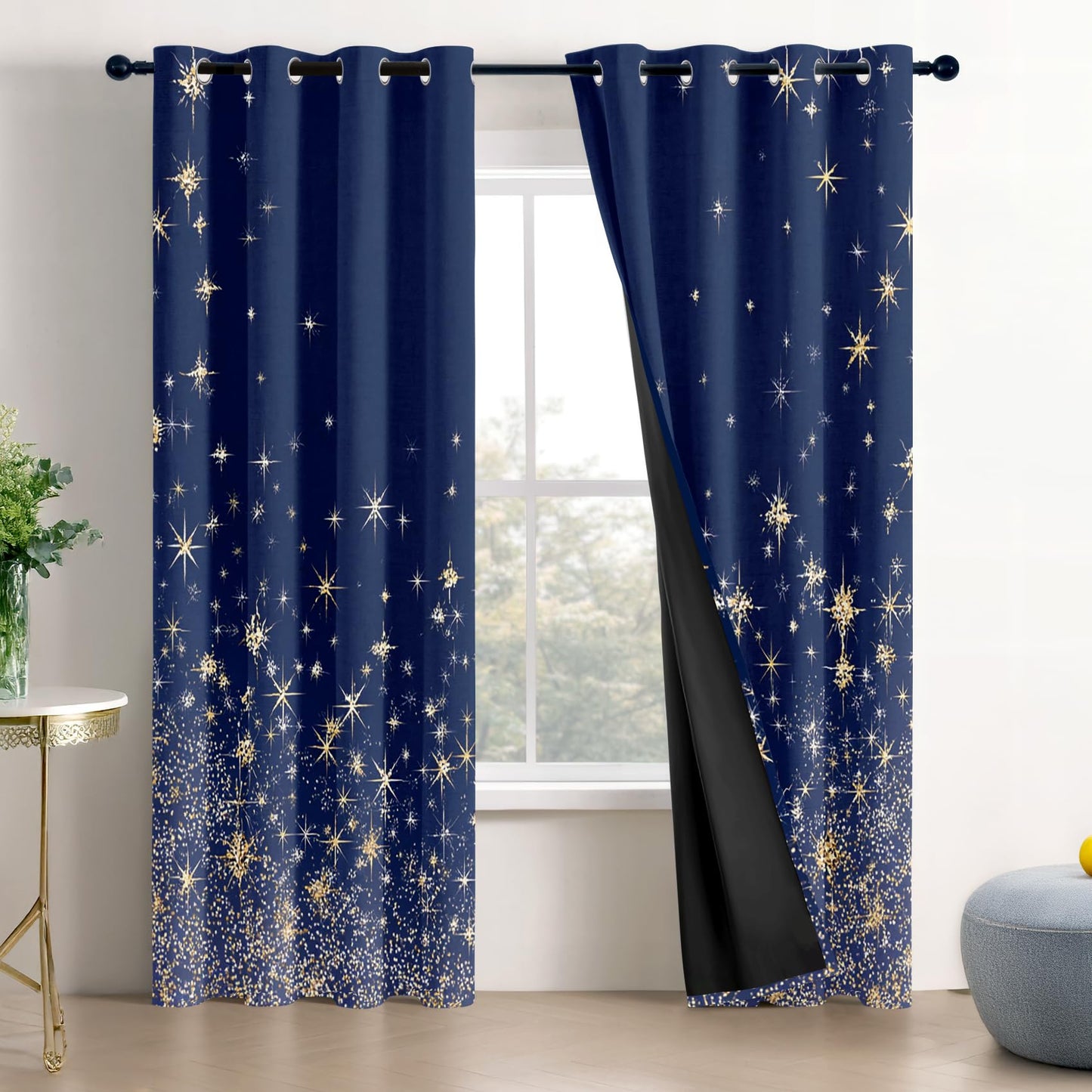 Solvivae Blue Curtains 63 Inch Length, Blue and Gold Luxury Blackout Curtains for Bedroom Living Room, Room Darkening Thermal Insulated Grommet Drapes, Patterned Window Treatments
