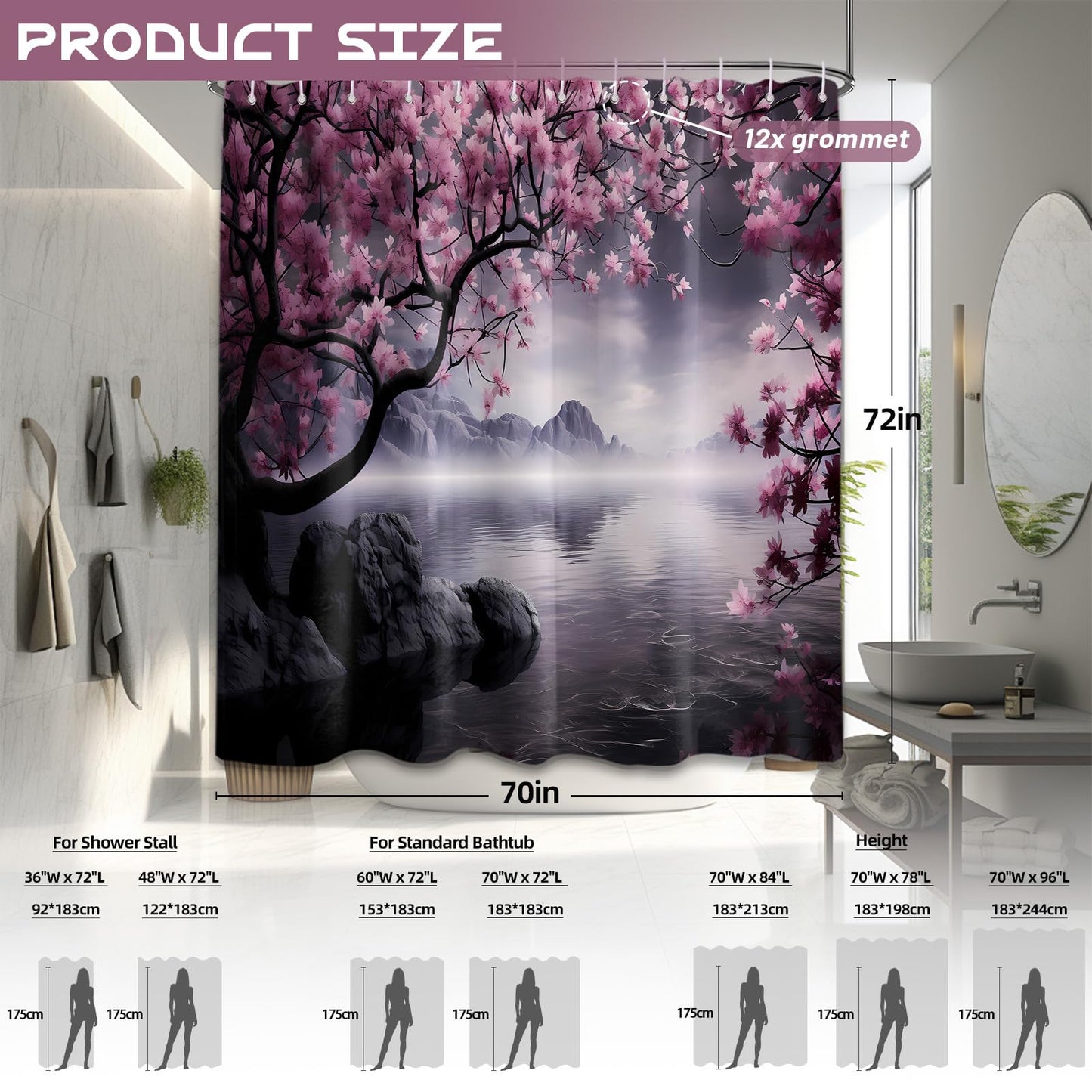 Yieldeer Japanese Cherry Blossom Shower Curtain, Purple, 70x72 inch