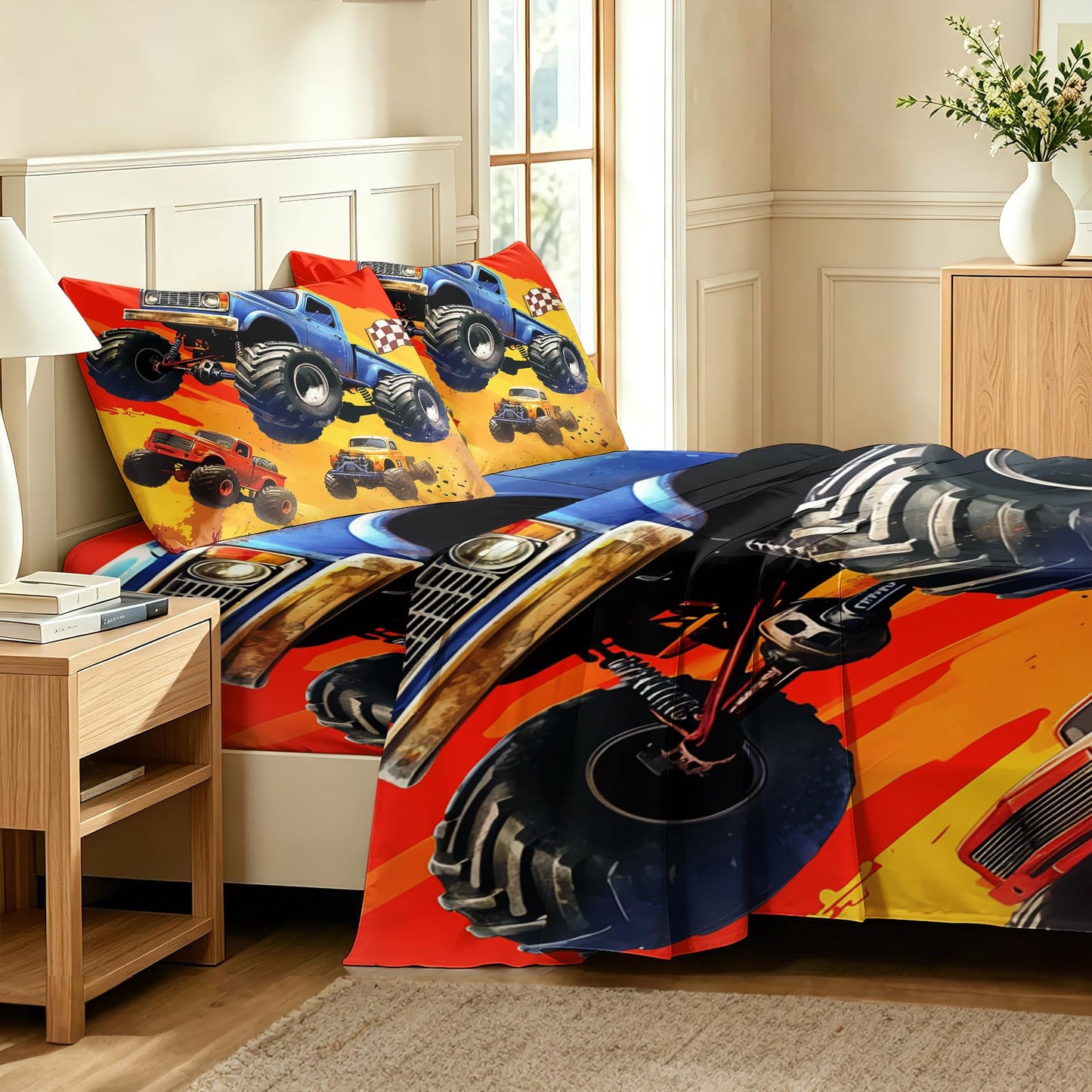 Monster Truck Bedding Set 4 Pcs Boys Queen Sheets, Blue