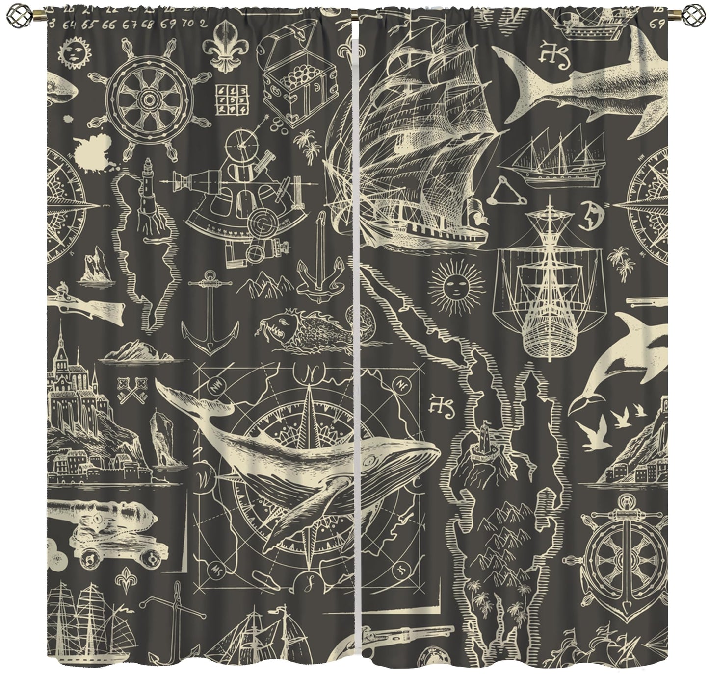 Retro Nautical Coastal Curtains Vintage Ocean Adventure Map Sail Whale Anchor Abstract Rod Pocket Window Treatments For Kids Boys Bedroom Living Room 2 Panels Set 41× 45 in (No Blackout)
