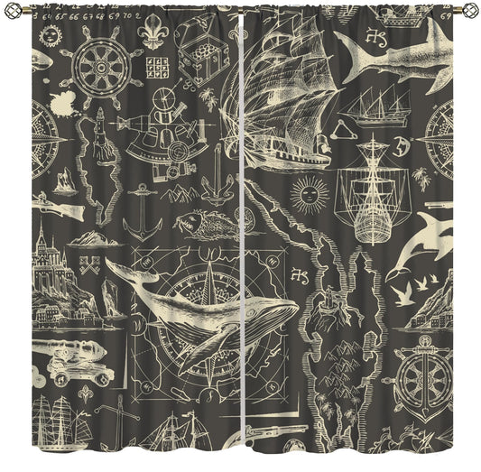 Retro Nautical Coastal Curtains Vintage Ocean Adventure Map Sail Whale Anchor Abstract Rod Pocket Window Treatments For Kids Boys Bedroom Living Room 2 Panels Set 41× 45 in (No Blackout)