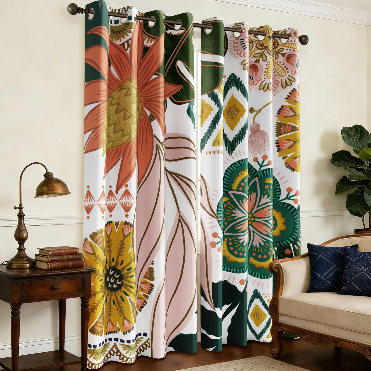 Tyrot White Boho Floral 100% Blackout Curtains for Living Room 84 inch Long 2 Panels Mid Century Botanical Black Out Curtains for Bedroom Grommet Thermal Insulated Room Darkening Window Drapes,52Wx84L