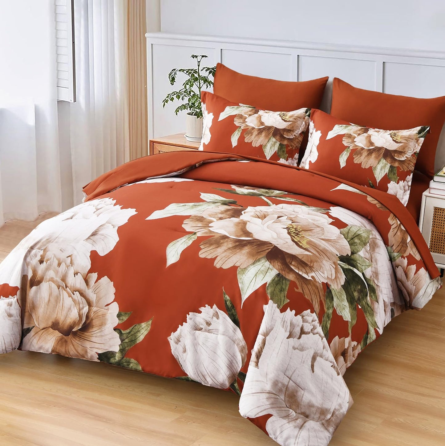 Dobuyly Burnt Orange Comforter Set Queen 7 Piece Bed in a Bag, Floral Printed on Terracotta Comforter Set with Sheets, Soft Microfiber Botanical Fall Bedding Set for All Season
