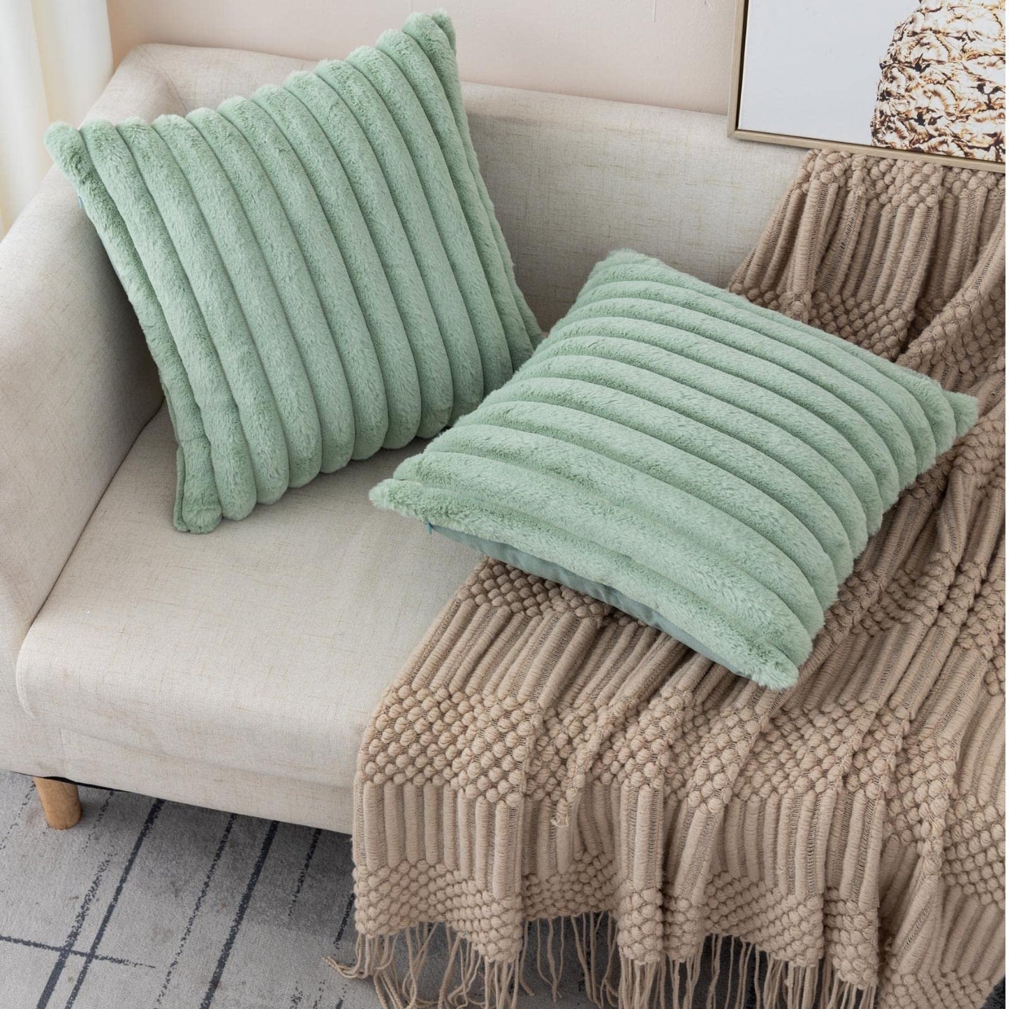 ZLINA Set of 2 Light Green Faux Fur Decorative Throw Pillow Covers Fluffy Striped Pillowcase Cushion Covers 16 x 16 Inch Decor Sofa Couch Bedroom
