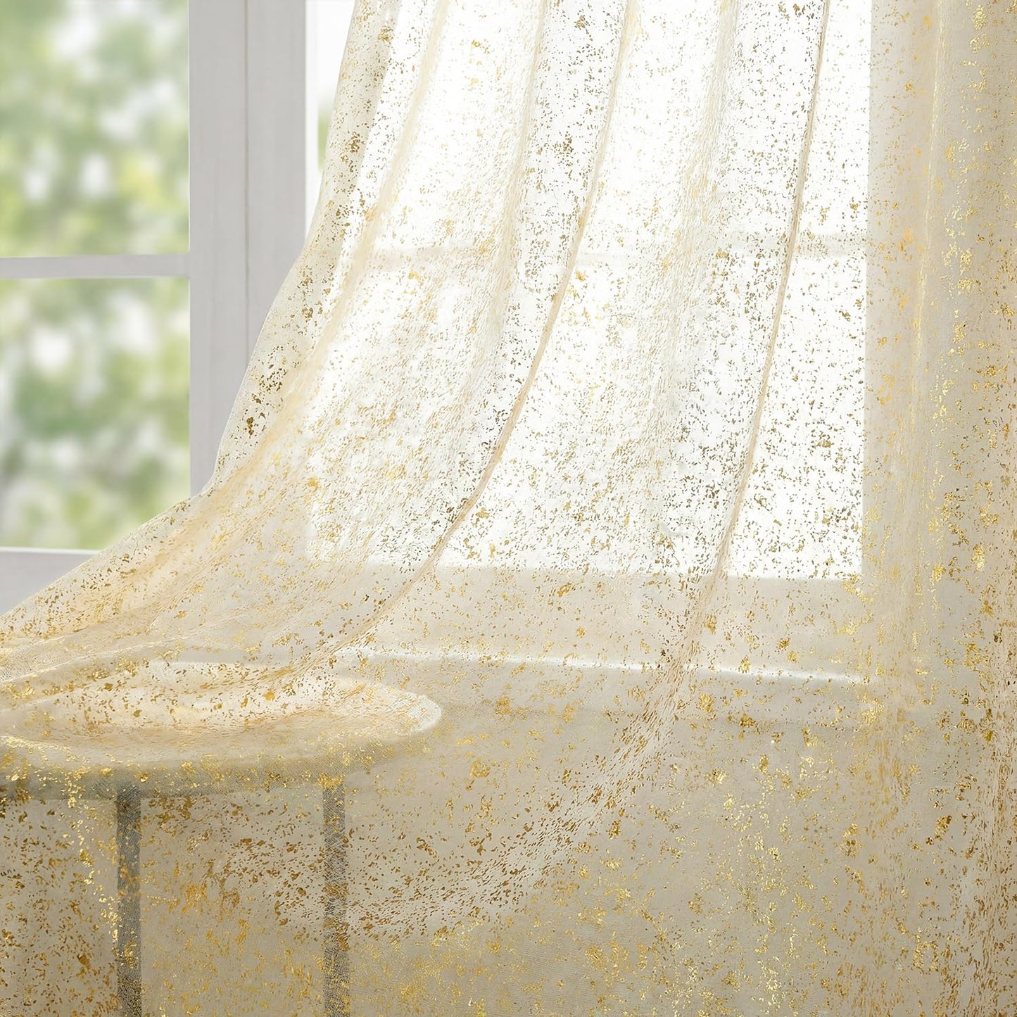 Horaldaily Beige Sheer Curtains for Living Room and Bedroom,Gold Sequin Glitter Metallic Foil, Scenery Light Filtering Window Curtains, 52" W x 84" L, Set of 2 Curtain Panels