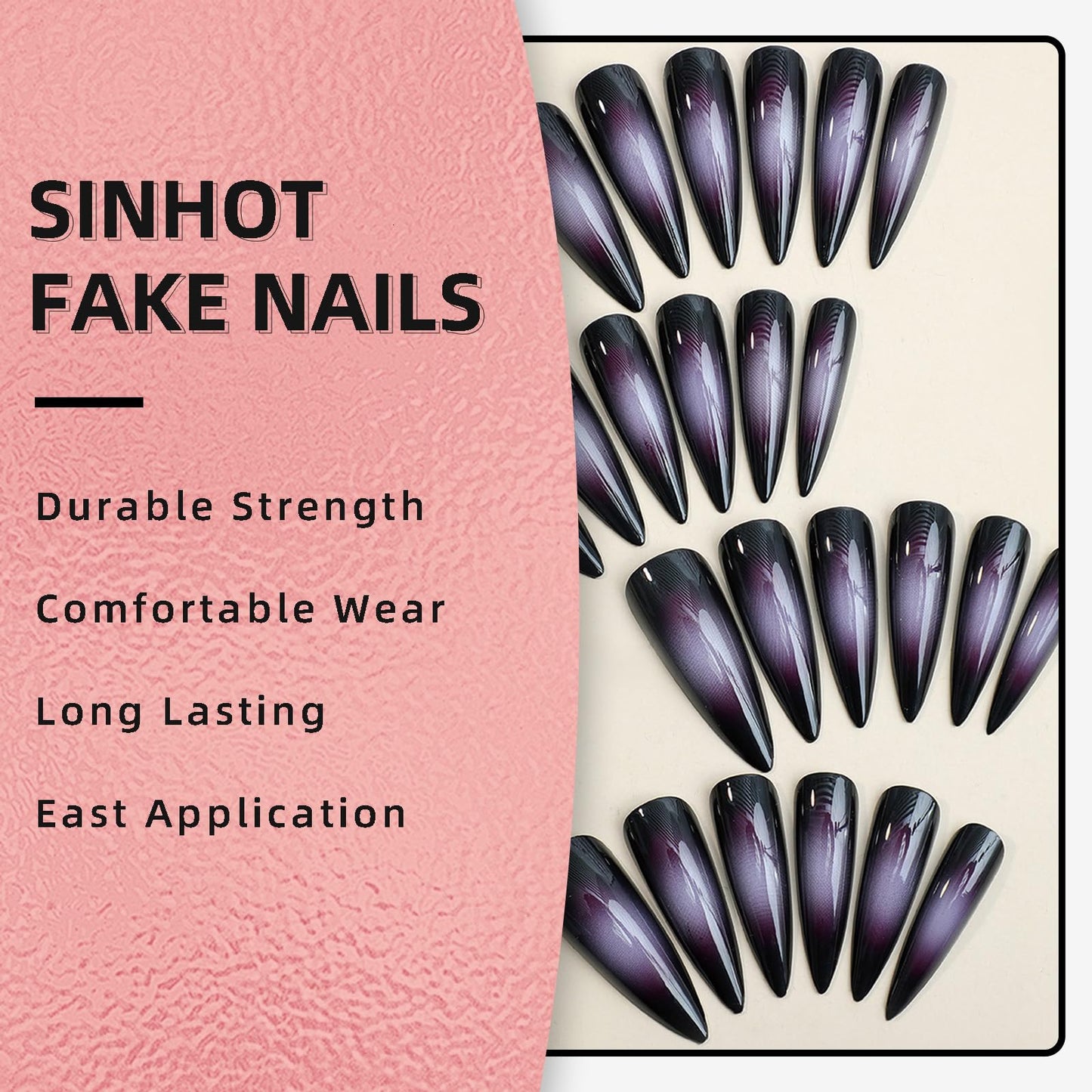 SINHOT Press on Nails Long Stiletto Fake Nails Glossy Glue on Nails Goth Black Acrylic Nail Sharp Almond Artificial Nail Purple Ombre Aura Stick on False Nail with Design 24 pcs