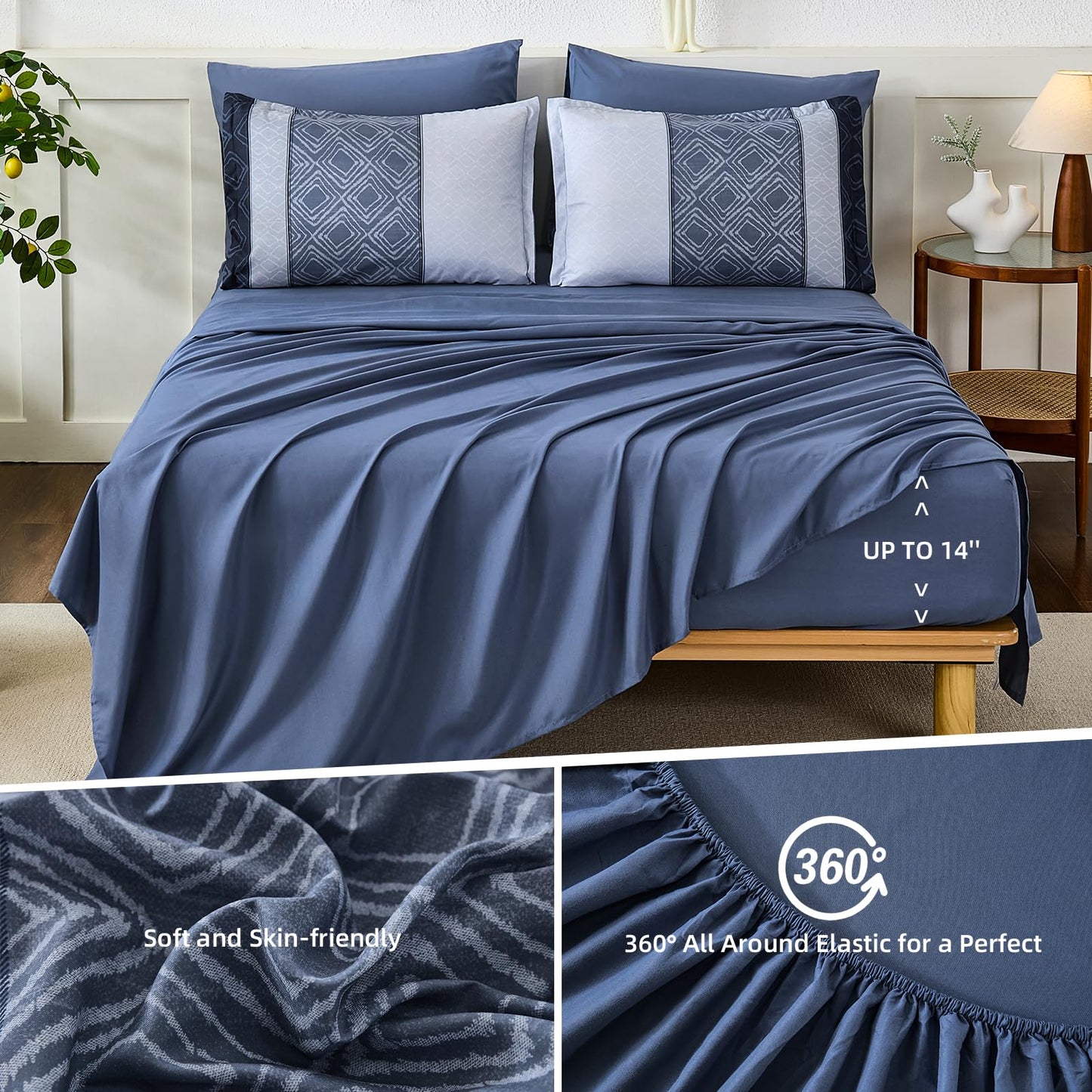 Dinjoy Boho Queen Comforter Set Mineral Blue,7 Piece Bed in a Bag Queen Size Lightweight Striped Bedding Sets with Plaid Comforters with Sheets for Family All Season