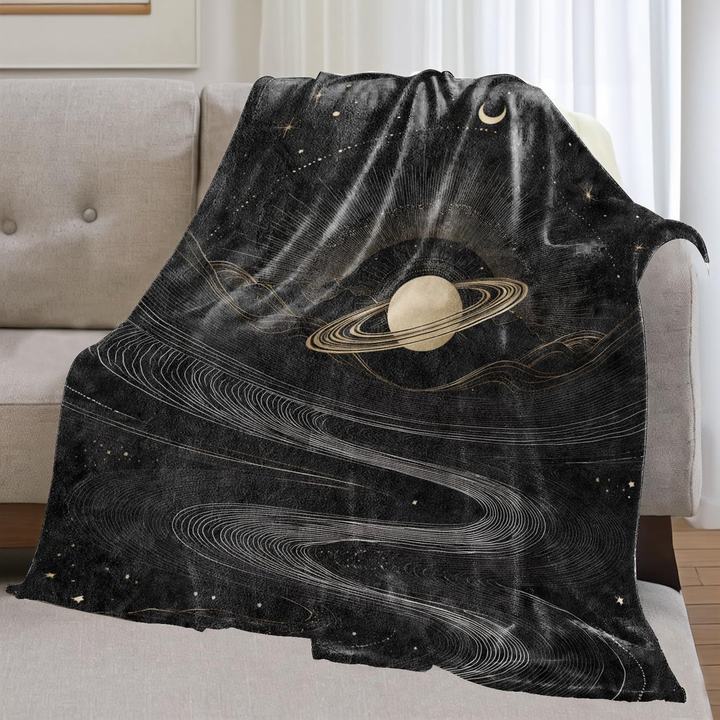 olpddz Celestial Flannel Blanket Gifts for Galaxy Lover,60x50inch,Gold Planet and Cosmic Line Art Throw Blankets with Mystical Night Sky,for Bedroom,Sofa,Living Room,Camping Home Decor Throws
