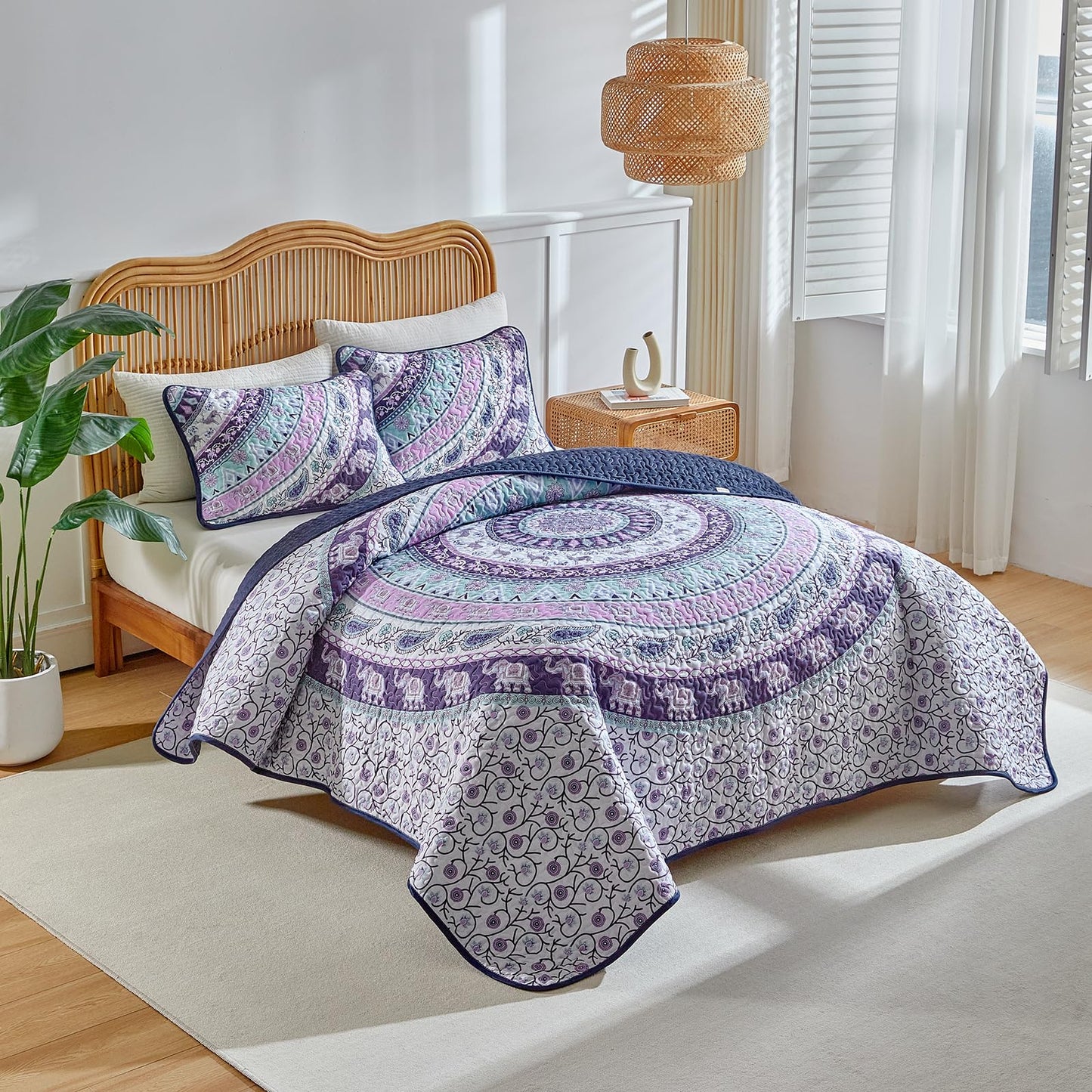 Boho Quilt Set Queen Size - Reversible Bohemian Quilt Bedding Set, 3 Pieces Colorful Lightweight Microfiber Bedspread Purple Elephant Paisley Circle Coverlet Set with 2 Pillow Shams for All Seasons