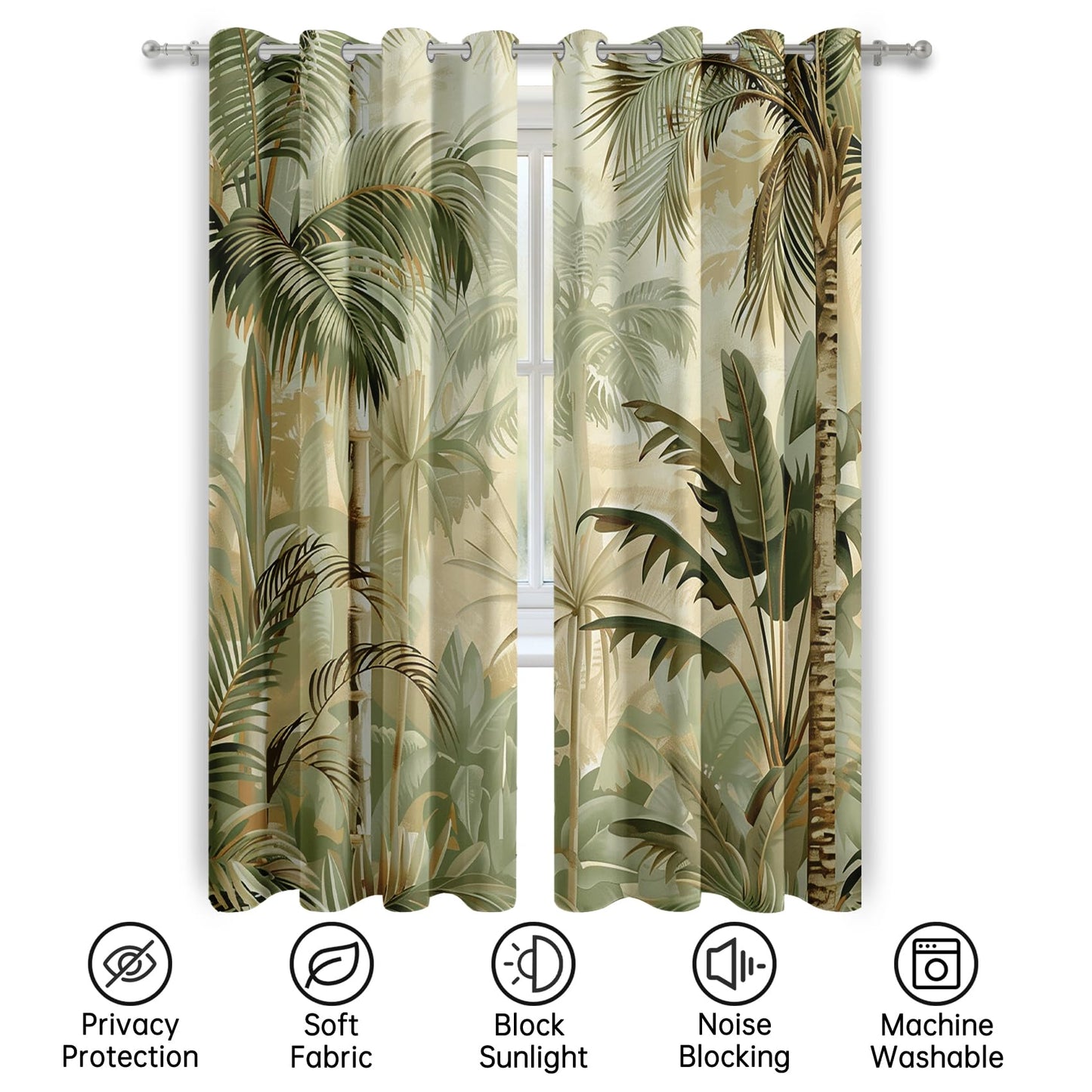 Mistwalk Modern Palm Tree Curtains Blackout, 63 Inch Curtains for Bedroom & Living Room, Room Darkening Thermal Insulated Grommet Drapes, Tropical Plants Patterned Window Treatments