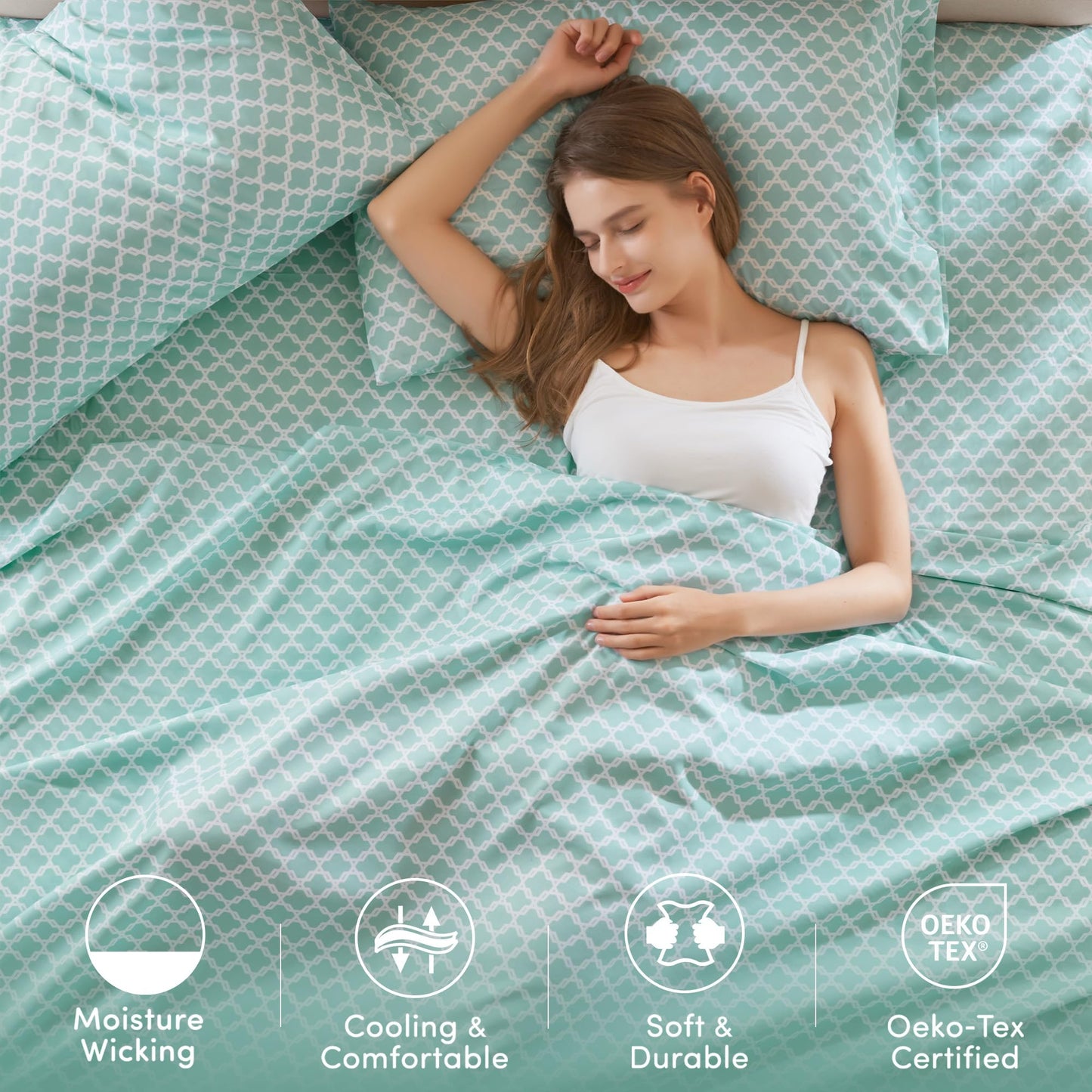 Comfort Spaces Queen Cooling Sheets, Moisture Wicking Coolmax Sheets, Soft Sheet Set, Cooling Bed Sheets for Hot Sleepers, Elastic Deep Pocket Fits Up to 16" Mattress, Queen Quatrefoil Aqua 4 Piece