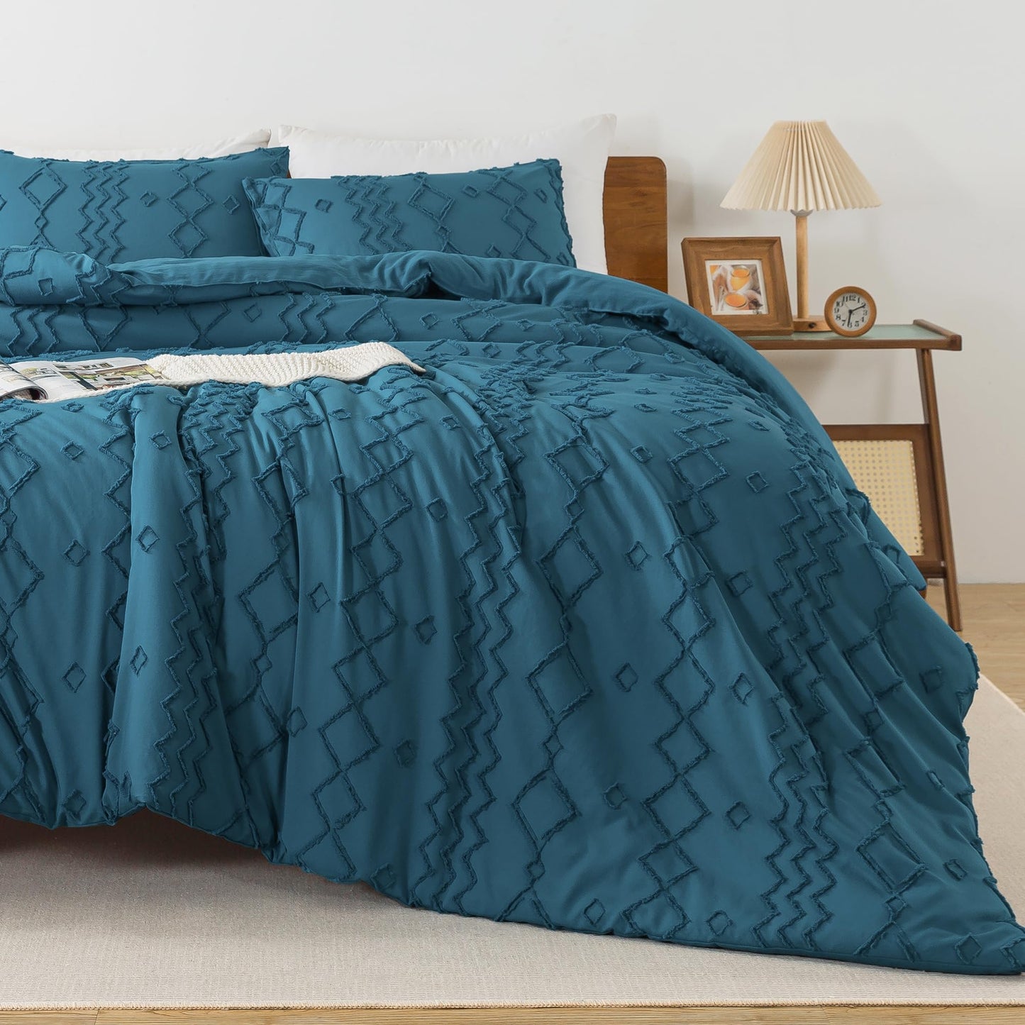 Andency Teal Tufted Comforter Set Queen(90x90Inch), 3 Pieces(1 Boho Comforter, 2 Pillowcases) Textured Farmhouse Bed, Soft Down Alternative Geometric Bedding Set