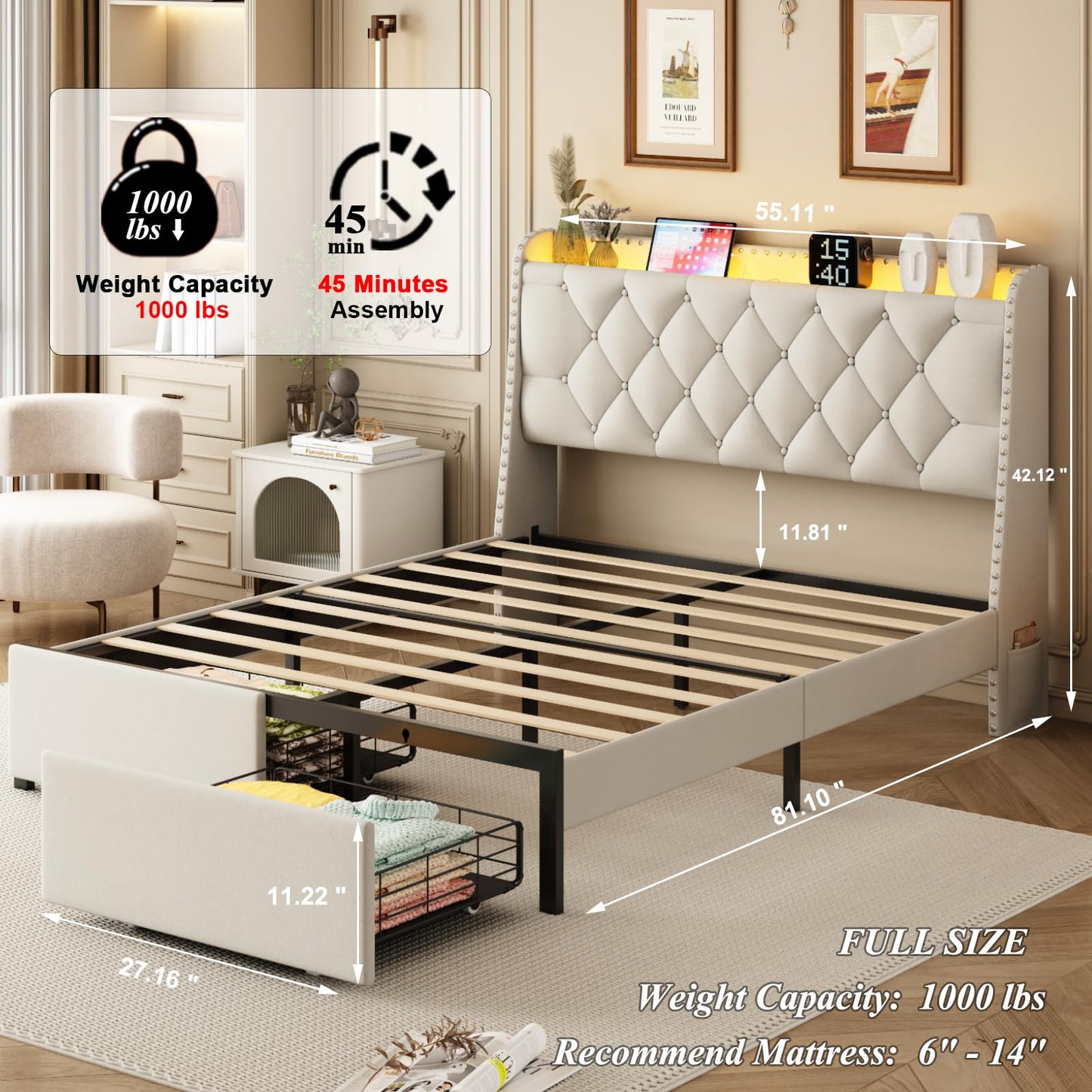 Full Size Bed Frame with Storage Headboard and 2 Drawers, Upholstered Button Tufted Bed Frames Full with Led Lights and Handy Charging Station, No Box Spring Needed, Easy Assembly, Noise Free, Beige