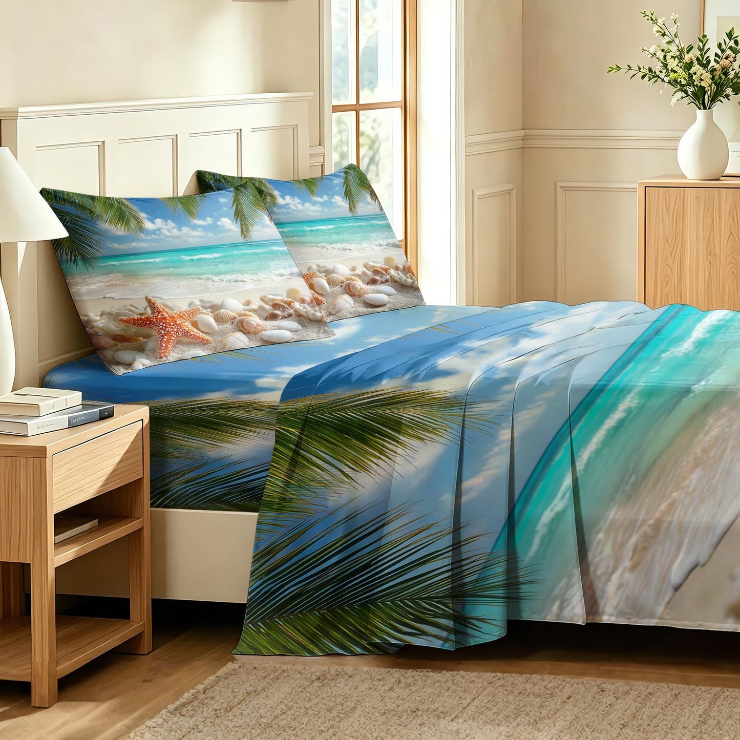 Tropical Beach Sheet Set, 4 Pcs Queen Size Starfish Seashells Bed Sheets