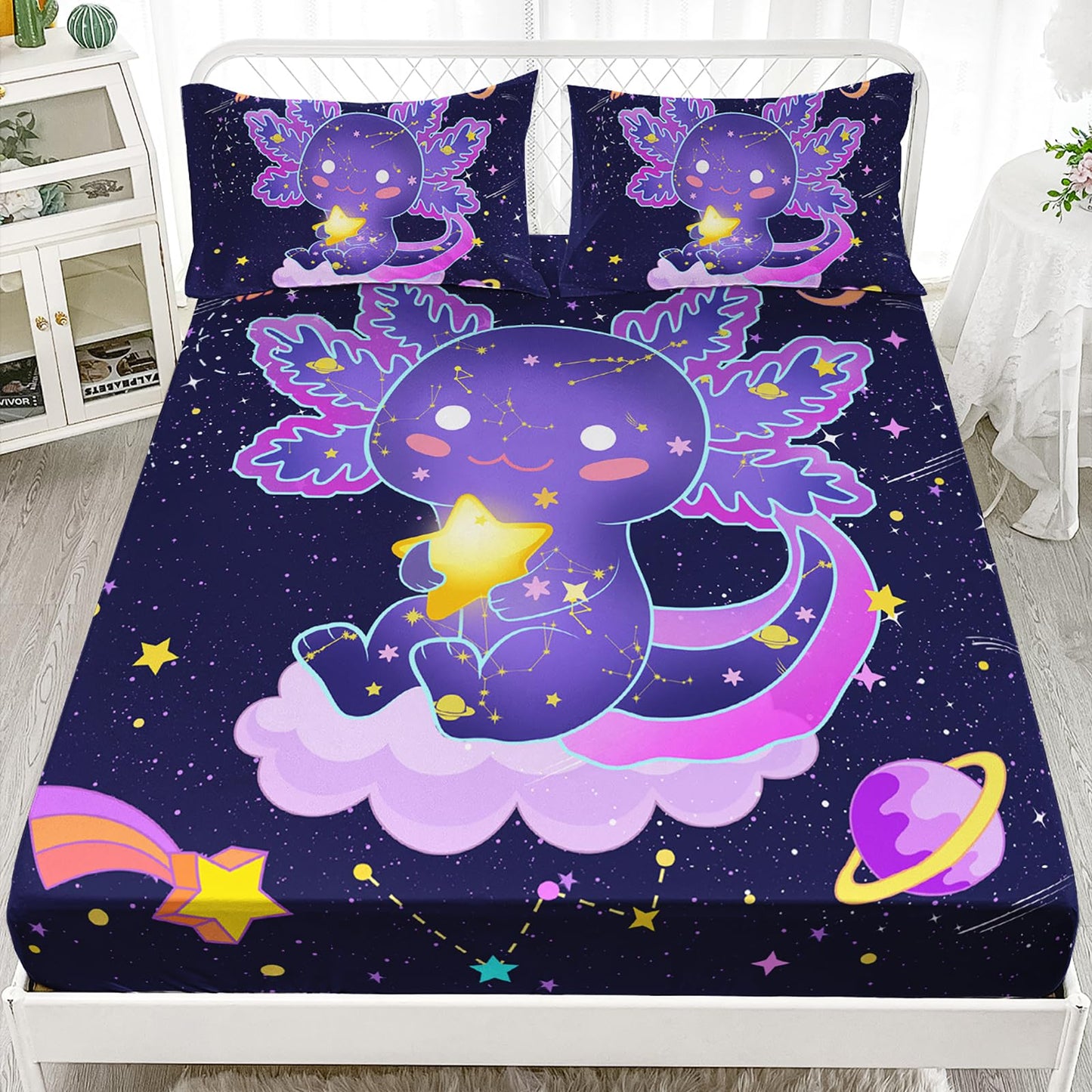 Nttopship Cute Axolotl Bedding Set Queen Size,Violet Axolotl Theme Fitted Sheet 4pcs with 16" Deep Pocket, Kawaii Animals Cartoon Sheet Set for Kids Boys Room Decor(Fitted + Flat + 2 Pillowcases)