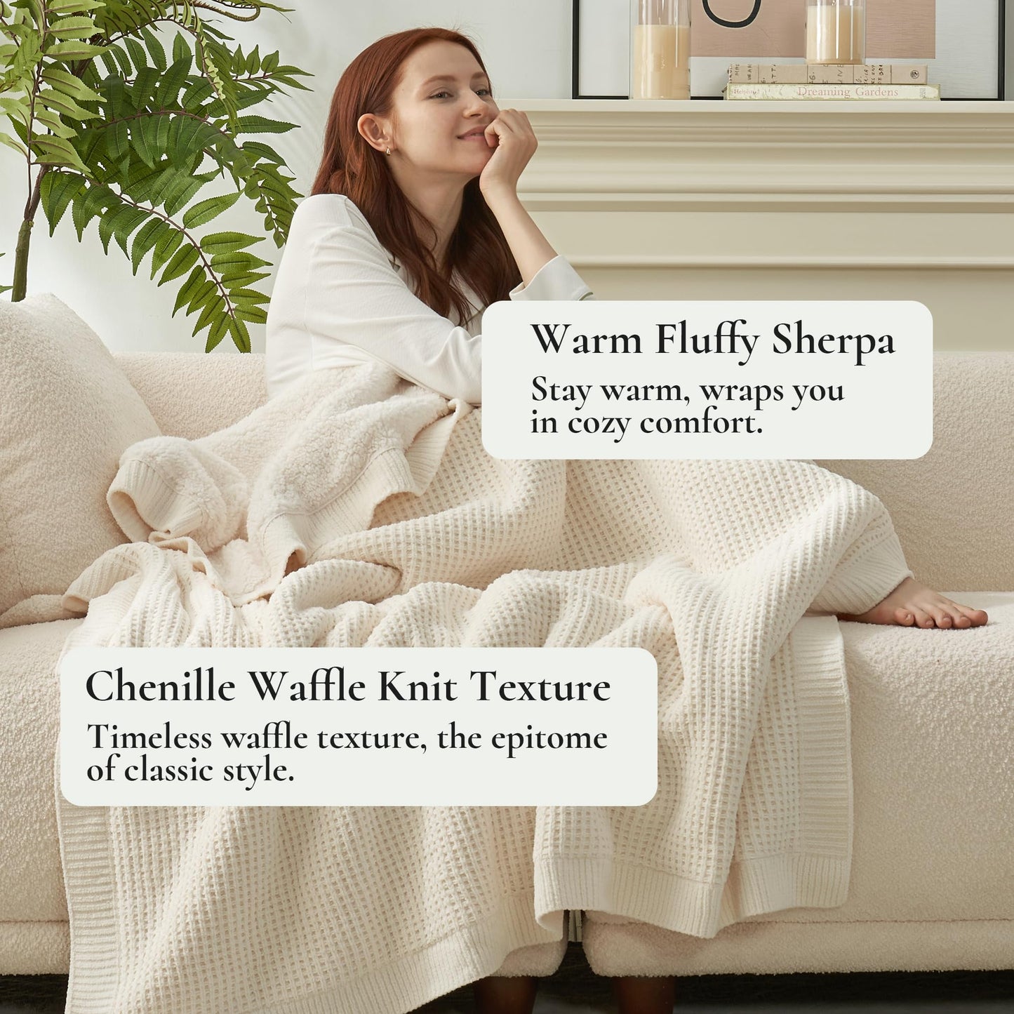 Amélie Home Reversible Waffle Weave Throw Blanket, Chenille Knit with Warm Sherpa, Soft Cozy Blanket for Couch, 50"x60", Ivory