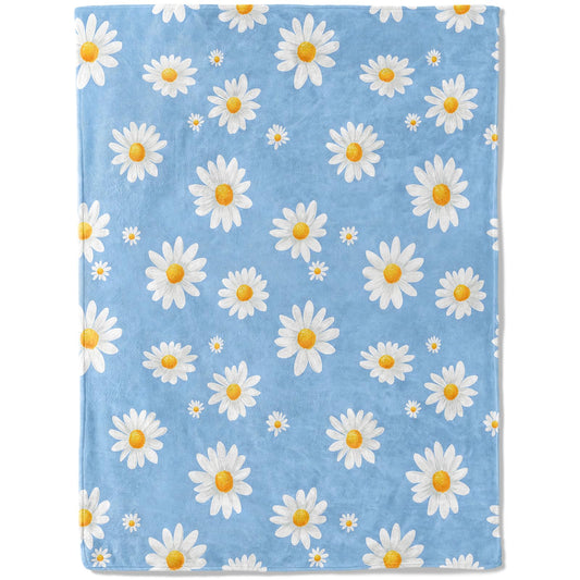 ainori Daisy Flower Flannel Blanket - Floral Design with White Daisies on Blue Background Throw - Soft Cozy Gifts Blankrts for Spring Decor, Nature Lovers, and Bright Home Room Accents 50x60in