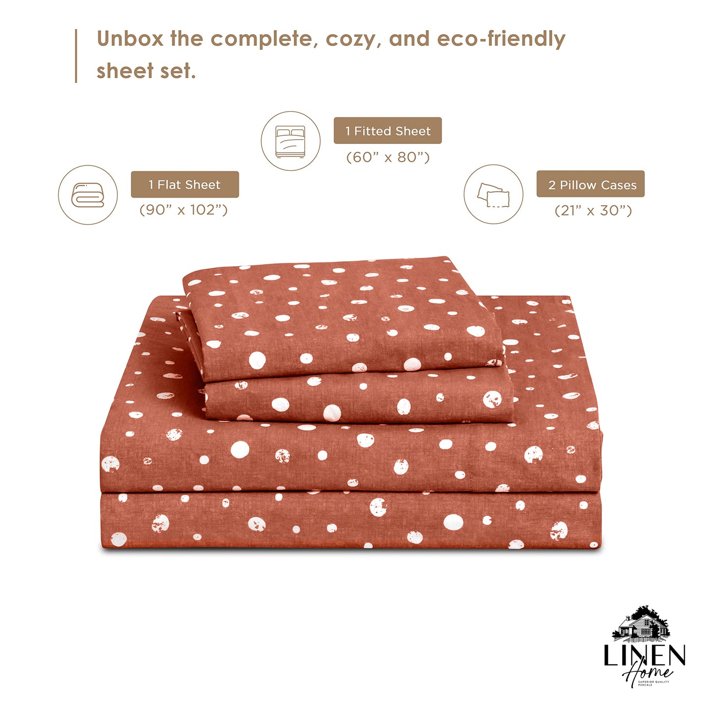 Linen Home Cotton Lyocell Blend Percale Sheet Set Queen Size - 4 Piece Deep Pocket Bedding, Pre-Washed & Shrunk, Crisp Cooling Fabric, Fade-Resistant, Hotel Luxury, Wrinkle-Free - Polka Cedar Wood