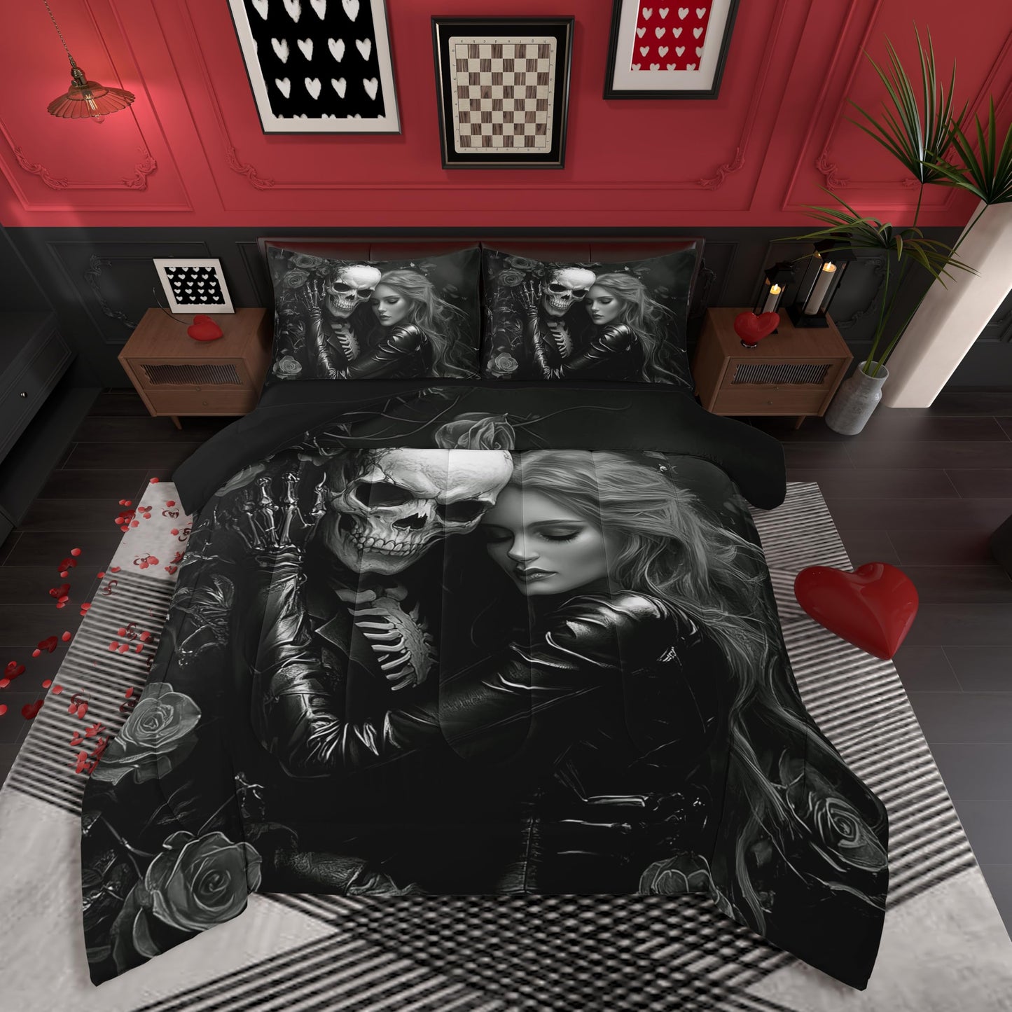 Erosebridal 7Pcs Black Valentines Day King Comforter Set,3D Girl Sugar Kiss Skull Bedding Sets,Gothic Rose Floral Bed in A Bag,Skull and Love Quilt with Flat Fitted Sheet Valentine's Day Gift Decor