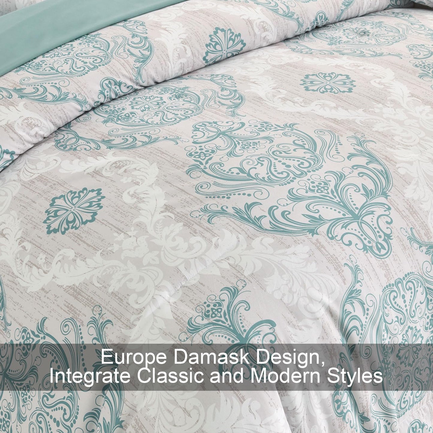 WONGS BEDDING Aqua Comforter Set Queen Size, Damask Texture 7 Pieces Bed in a Bag Microfiber Bohemian Comforter Bedding Sheet Set with Comforter, Flat Sheet, Fitted Sheet,Pillow Shams,Pillowcases