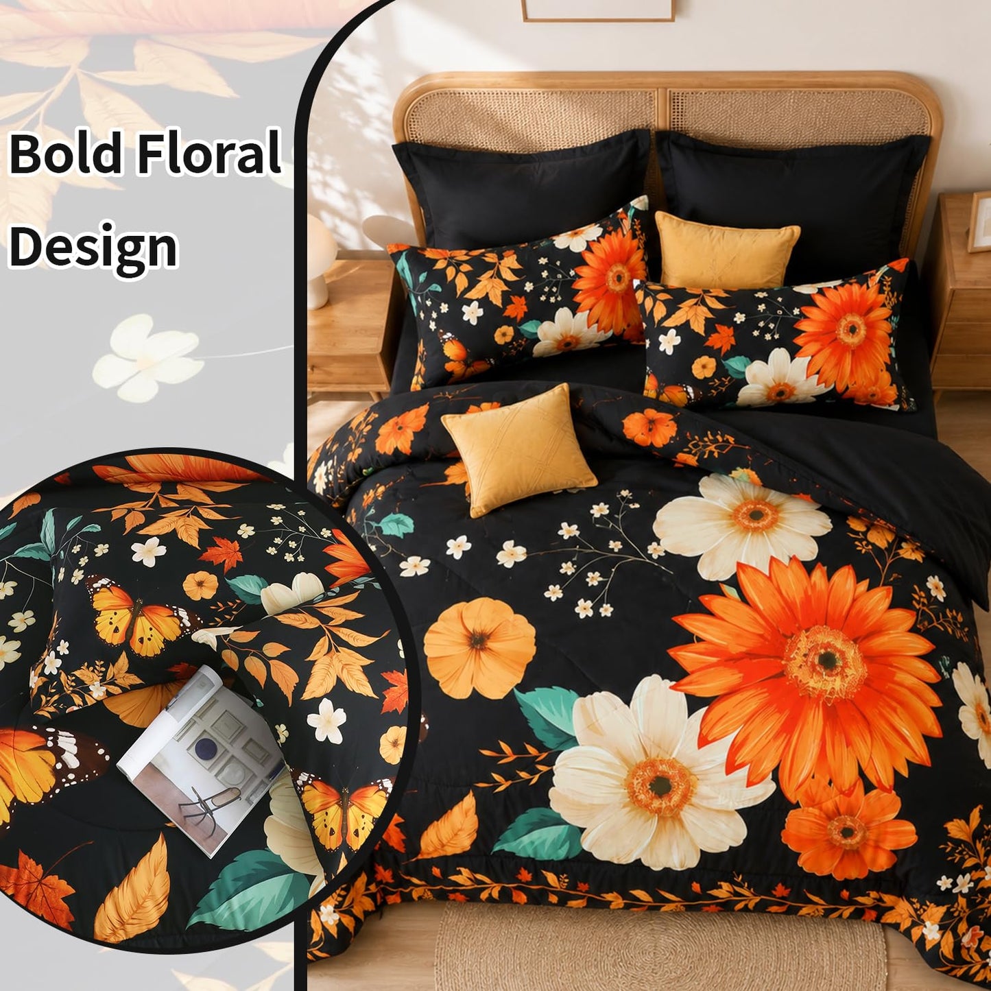 KOTTOMFY Extra Fluffy All Season Comforter Set, Floral 7 Piece Bed in a Bag Queen Size for Bedroom Guest Room Dorm Apartment