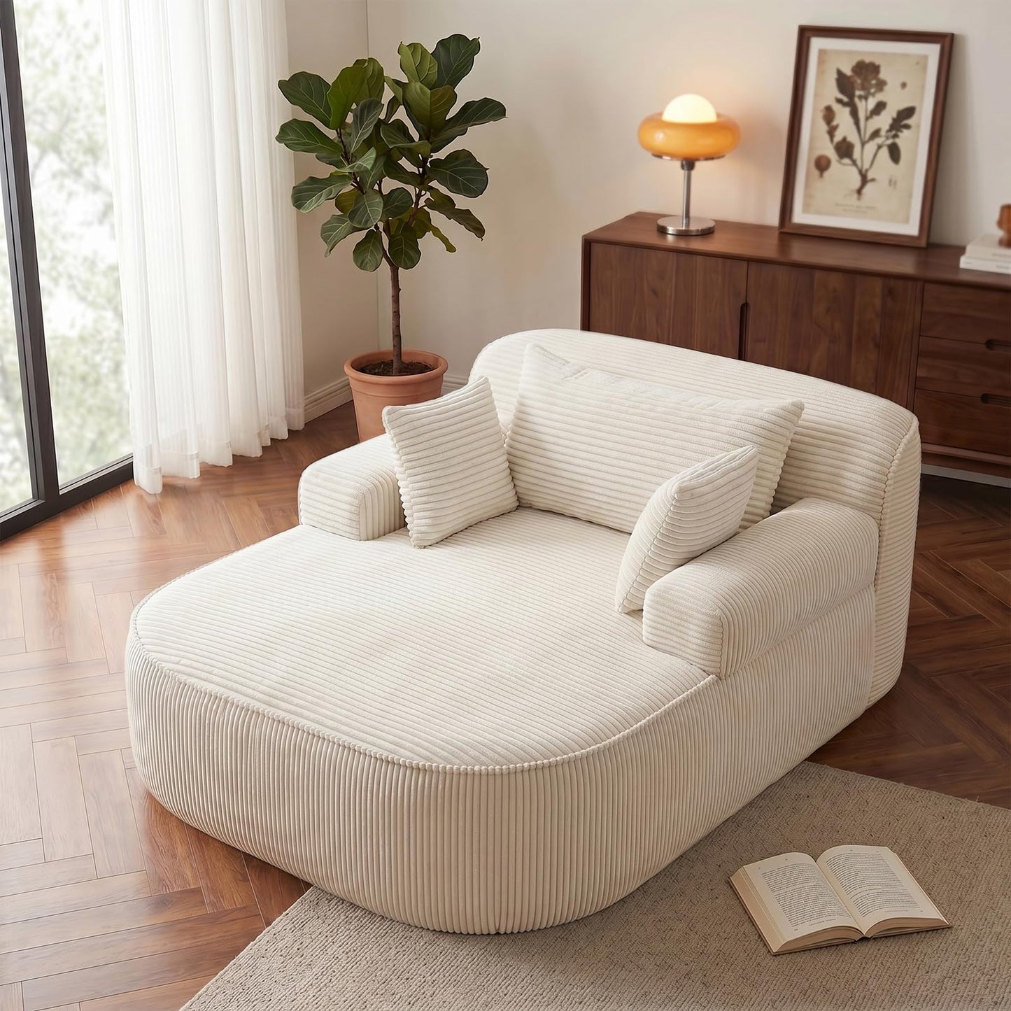 RJFFDDGZ Boneless Chaise Lounge Chair Indoor, Oversized Corduroy Foam Lounger with 3 Pillows, White