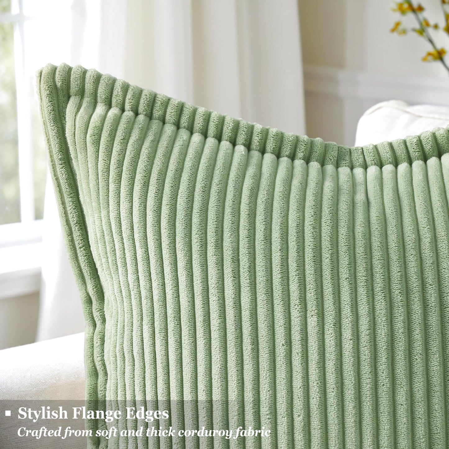 decorUhome Fall Corduroy Sage Green Euro Sham Throw Pillow Covers 22x22 Set of 2 Decorative Soft Boho Farmhouse Couch Pillow Covers for Living Room Bed Sofa Broadside Striped Pillow Cases