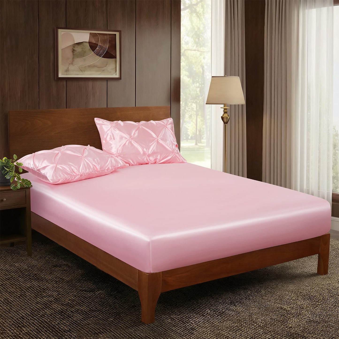 P Pothuiny 3-Piece Set Pintuck Satin Pillowcases & Twin Fitted Sheet, Blush Pink Satin Sheet Silky Soft Luxury Romantic Pinch Pleated Bedding Bedroom Dorm Decor, 15 Inch Deep Pocket