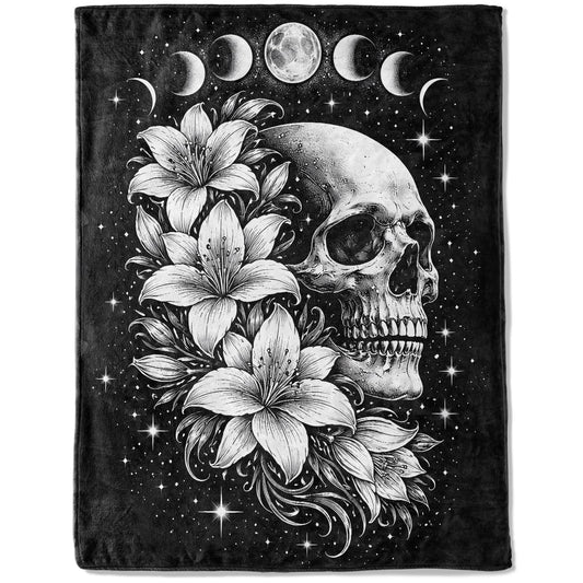 ainori Whimsical Skull Moon Phase Fleece Throw Blanket 50x60 Inch,Gothic Skeleton Floral Decorative Throws,Lightweight Blankets for Bedroom Dorm Meditation Room,Cozy Gifts for Teens Women Goth Lovers