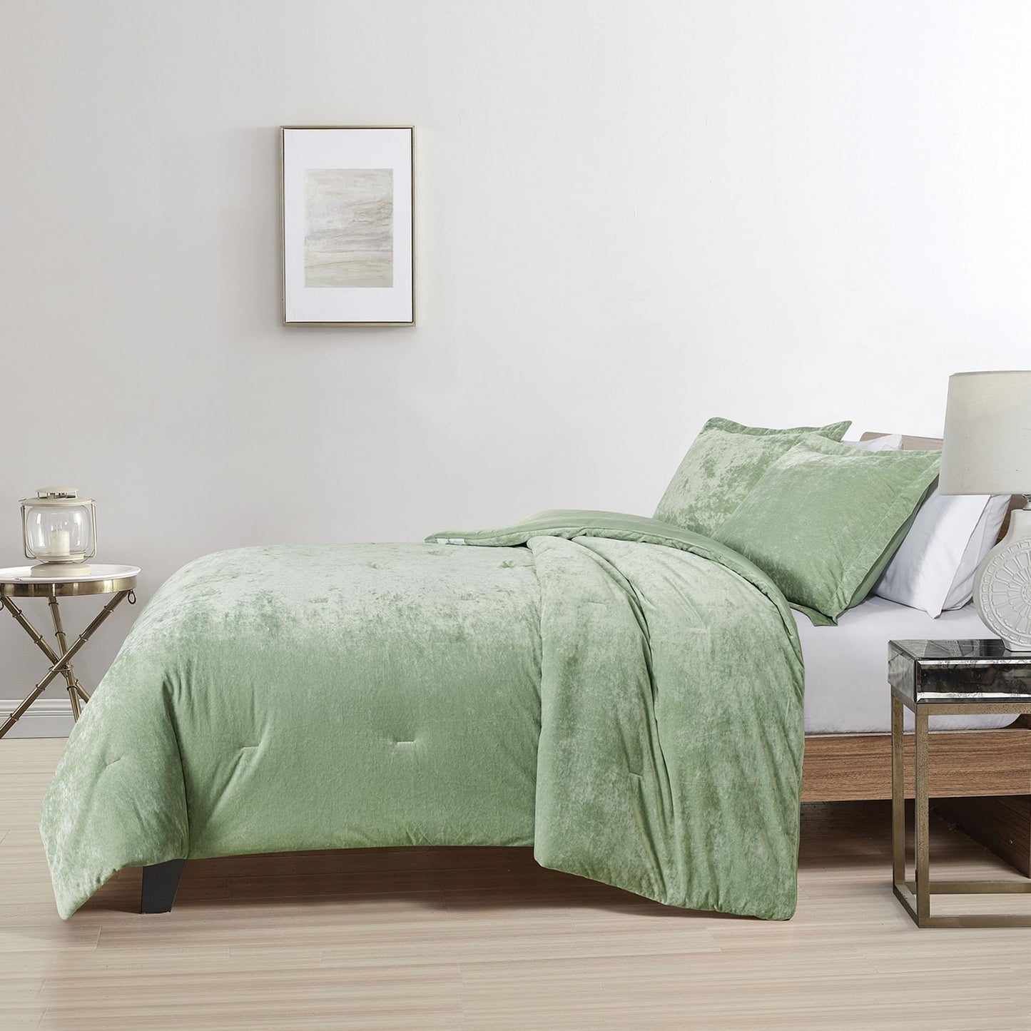 HUMESIIL Luxury Velvet King Size Comforter Set, 3 Pieces Reversible Brushed Solid Microfiber Back, All Season Cozy, Soft, Warm (Sage Green,104x90 in)