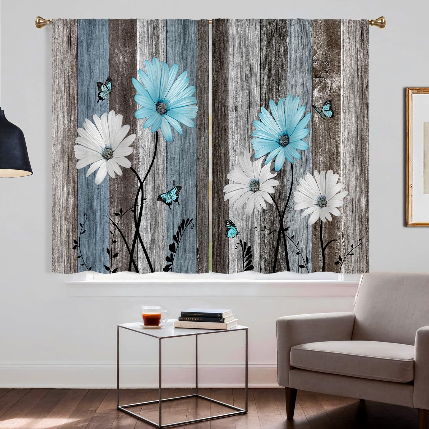 Cizuug Blue Farmhouse Daisy Kitchen Curtains Wooden Flower Small Short Cafe Window Curtains Rustic Floral Butterfly Country Bathroom Drapes Treatment Tier Curtains 2 Panels