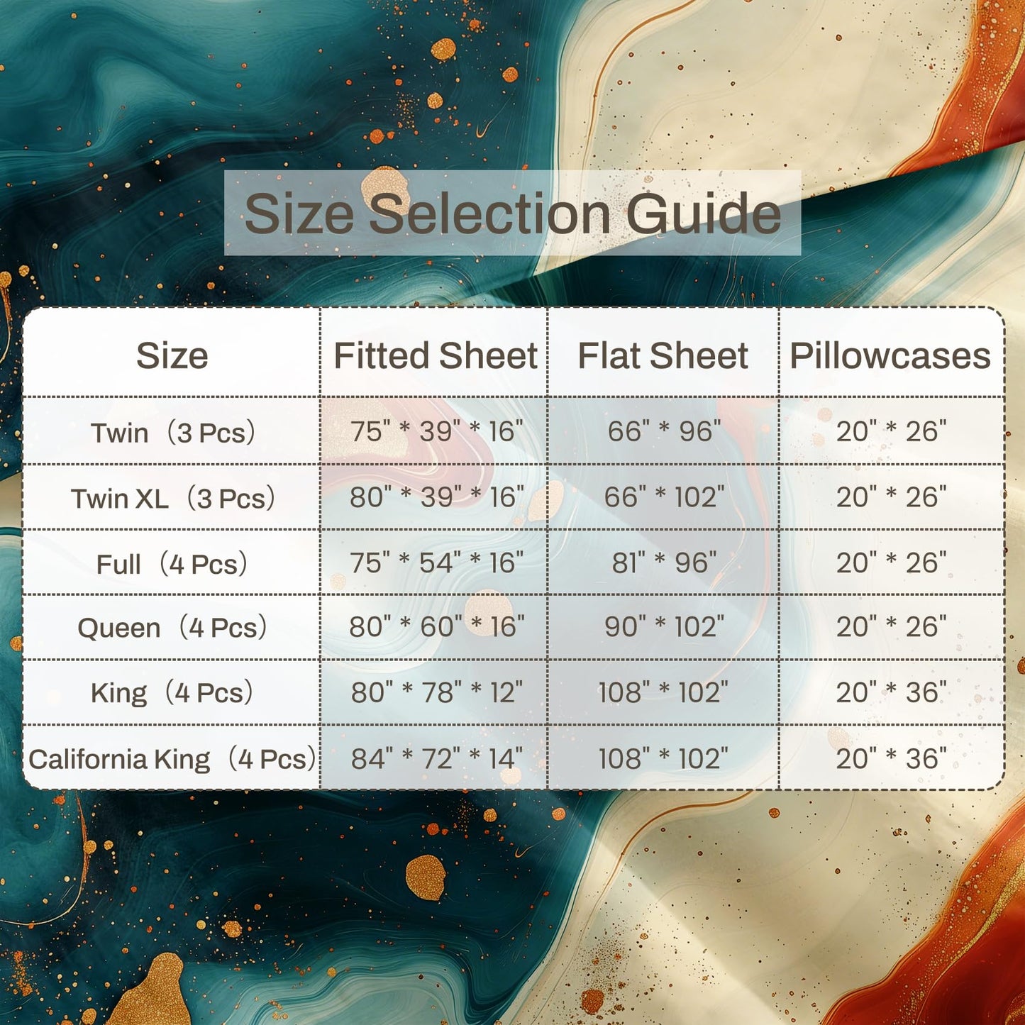 Modern Abstract Bedding Set 4 Pcs Marble Full Sheets, Orange Teal