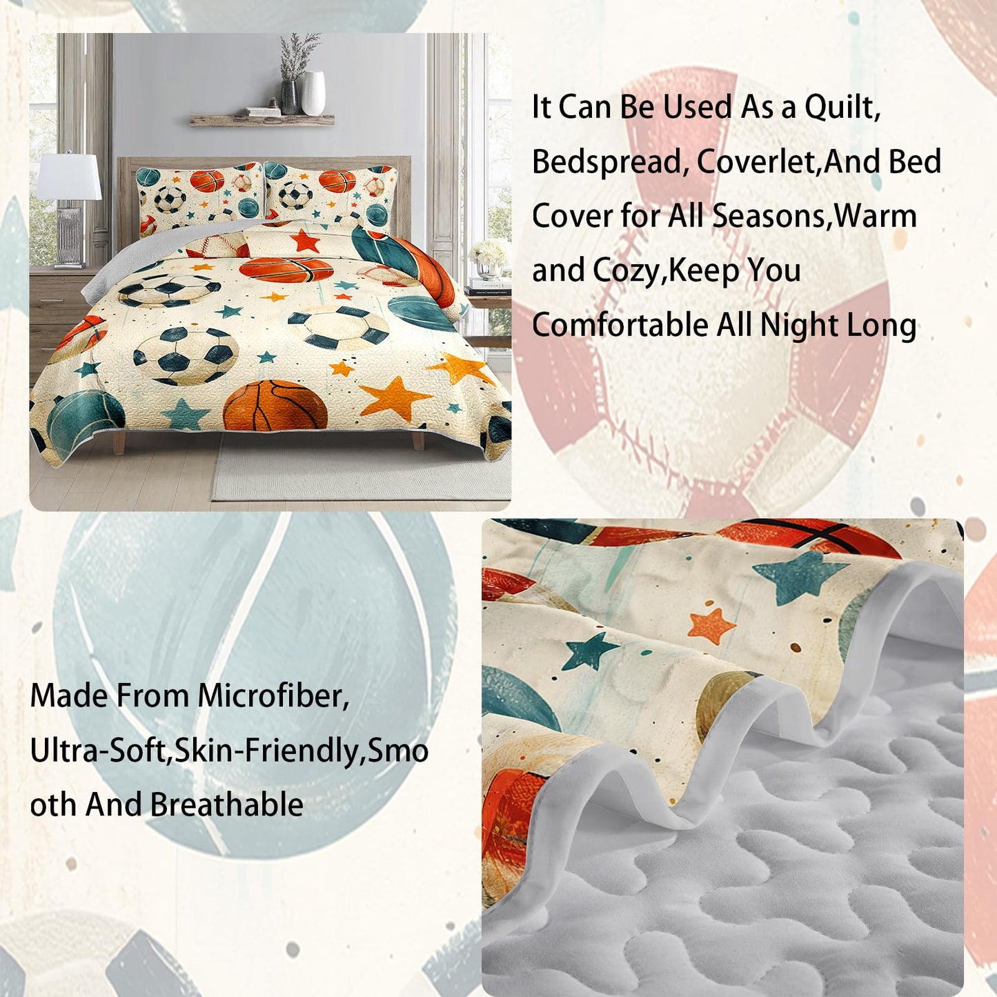 AILONEN Full Quilted Comforter Set 3 Piece, Hand-Drawn Ball Game Bedspread Coverlet with 2 Pillowcases, Soft Sporty Bedding for Teens Guest Apartment Beige Sketchy Starry Theme Athletic
