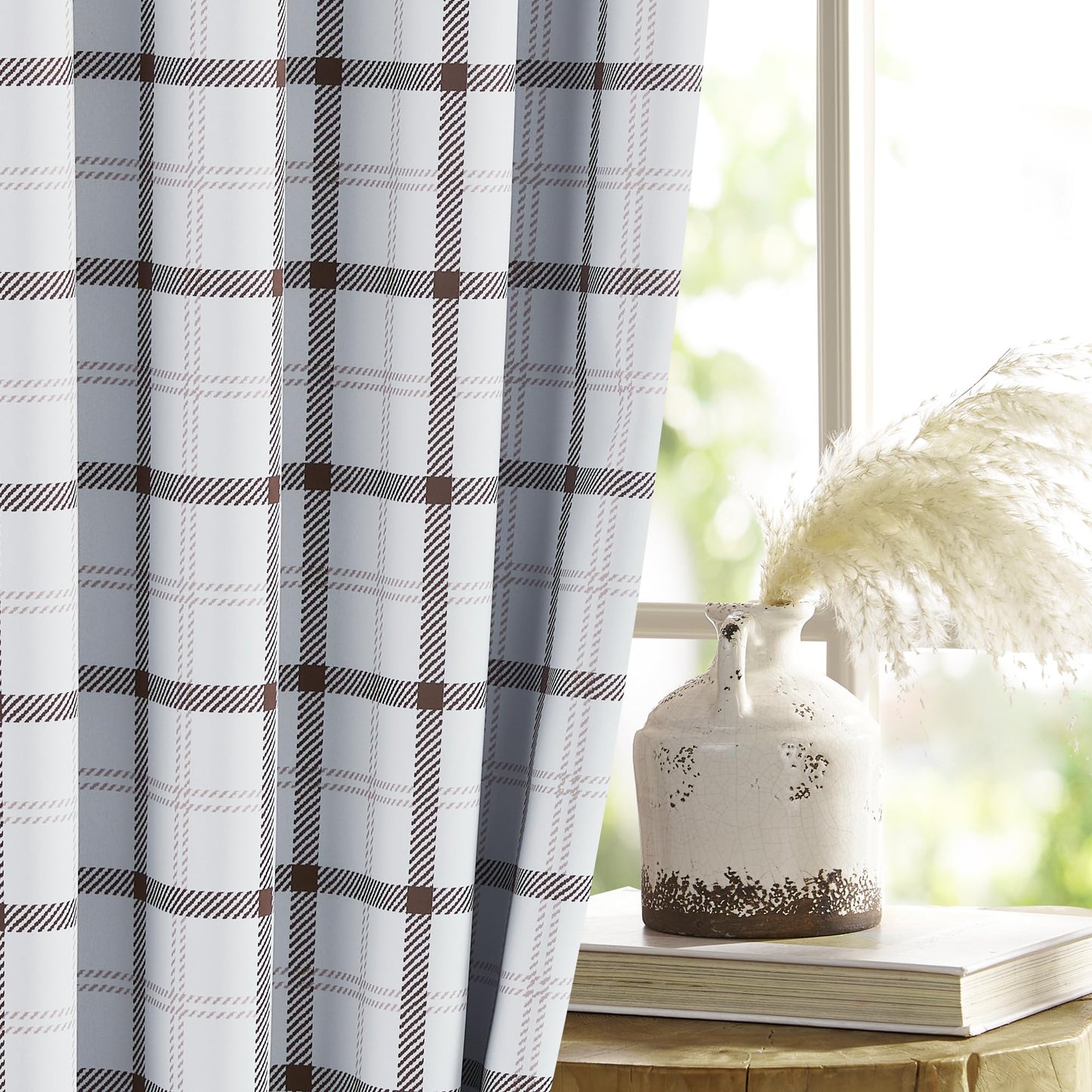 NICETOWN White Buffalo Windowpane Plaid Cafe 100% Blackout Curtains 36 Inch Length, Farmhouse Rustic Checkered Half Window Tier Curtain for Kitchen Bathroom, 26" W x 36" L, 2 Panels
