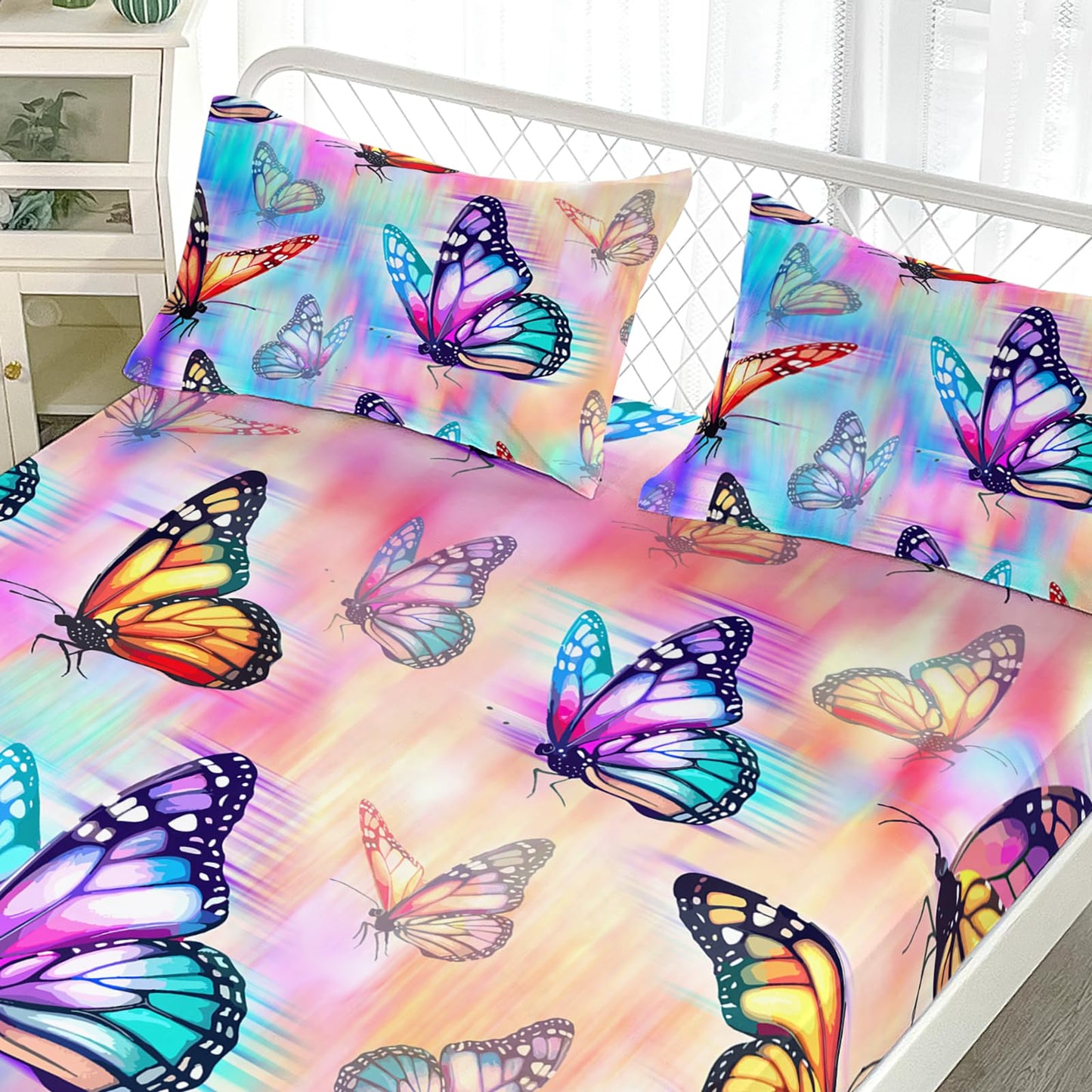 AILONEN 3D Butterfly Queen Bedding Set for Kids Teens Girls,Colorful Butterflies Fitted Sheet Set for All Season,Pink Blue Gradient Bed Sheet + 2 Pillowcases,3Pcs