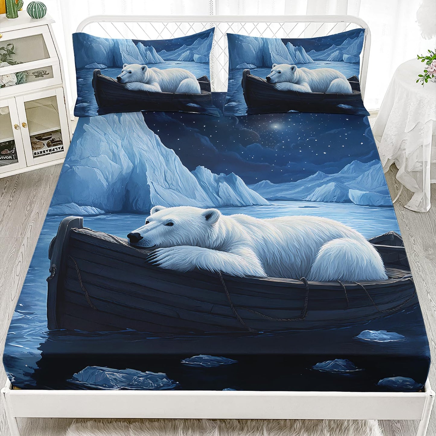 AILONEN Cartoon Polar Bear Fitted Sheet Set Twin XL Size,Starry Night Arctic Animal Bed Sheet Set for Kids Teens,Iceberg Polar Bear Fitted Sheet with 2 Pillowcases,3Pcs