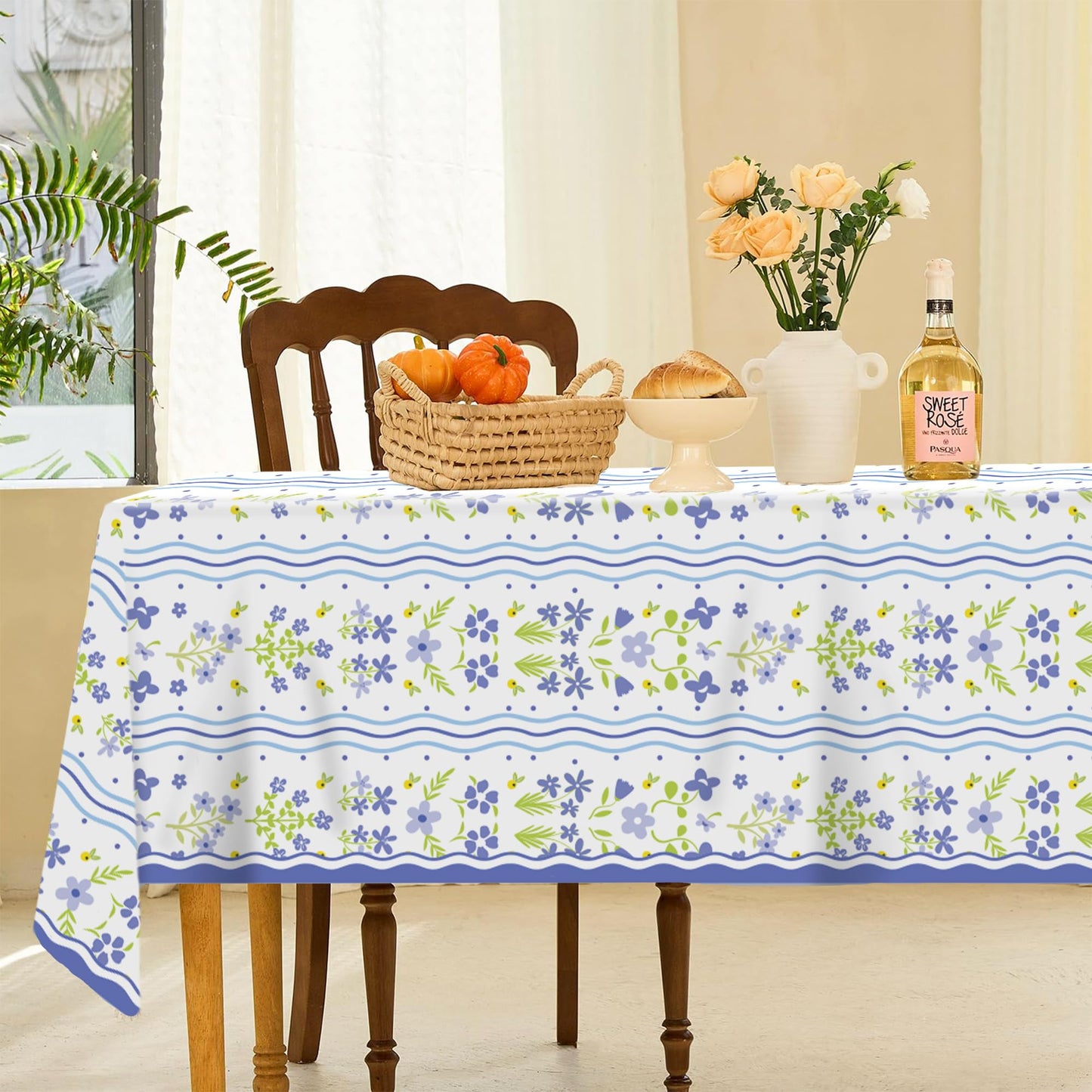 CC HOME 1Pc Blue Flowers Party Plastic Tablecloth 54 x 87 Inch Long Table Cover, Fresh Wildflowers Party Tablecover for Floral Theme Kids Baby Shower Birthday Dinner Picnic Kitchen Event