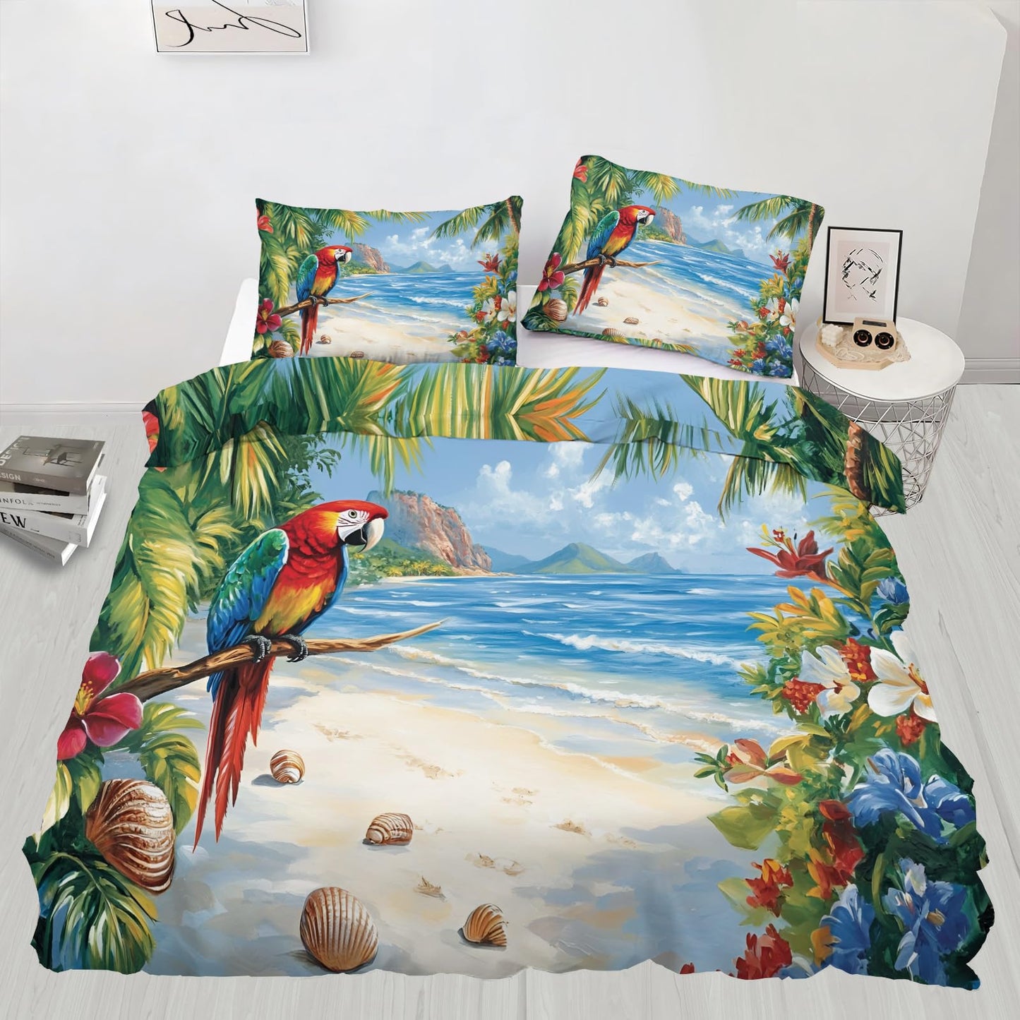 GKPLY Tropical Parrot Duvet Cover Queen, Coastal Ocean Bedding Set, Jungle Artwork Comforter Cover with Zipper & Ties, 3 Pieces Reversible Summer Bedding, 2 Pillowcases