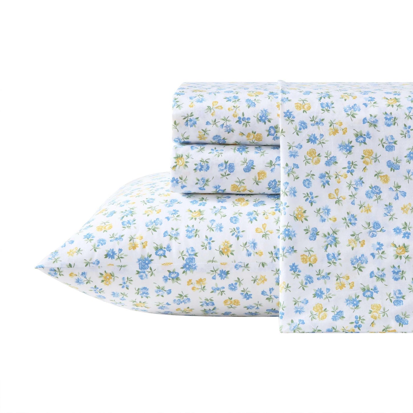 Laura Ashley - King Sheet Set, Crisp & Cool Cotton Percale Bedding for Year Round Comfort, Deep Pocket, Bed Sheets with Matching Pillowcases (Ditsy Doodle Blue)