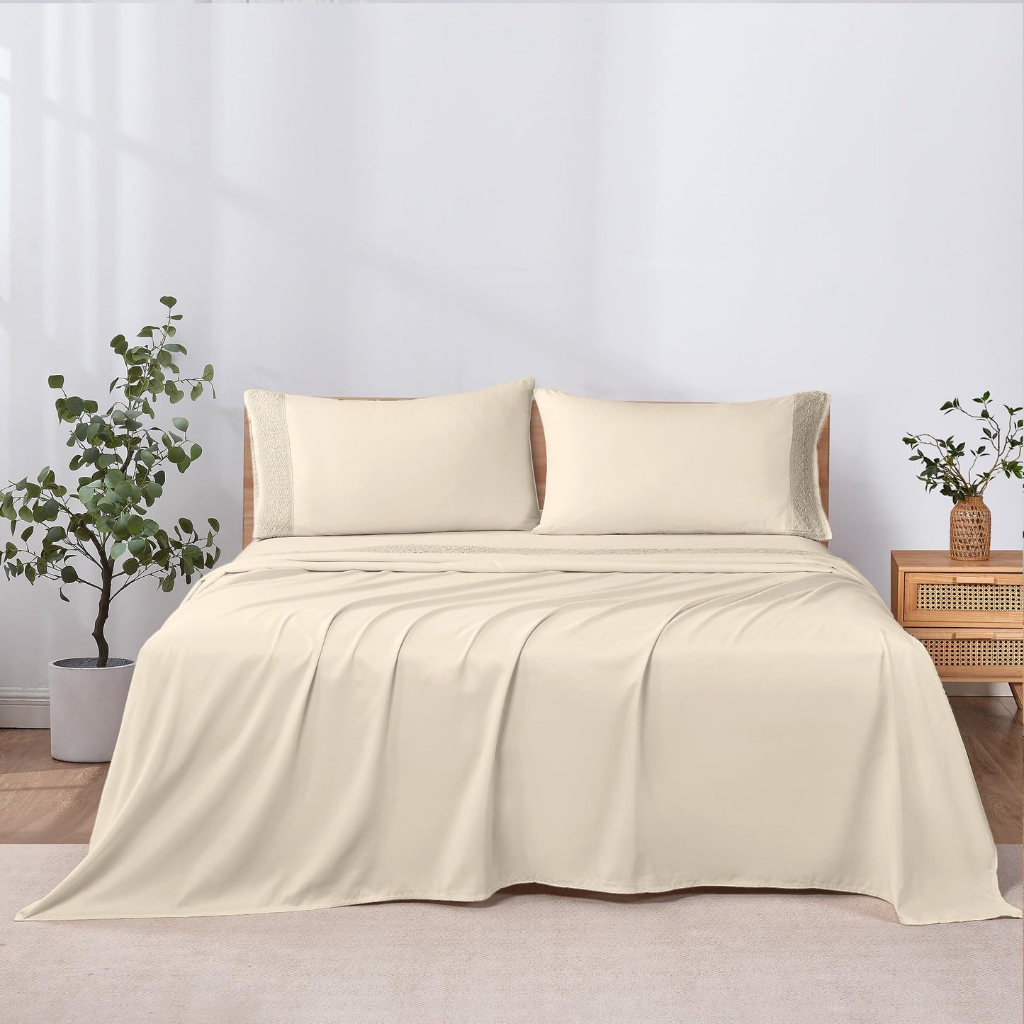 Modern Threads 4 Piece Microfiber Sheet Set – Soft Cooling Bed Sheets with Crochet Lace – Deep Pocket, Wrinkle Free, Breathable, Hotel Luxury Bedding, Beige, Queen