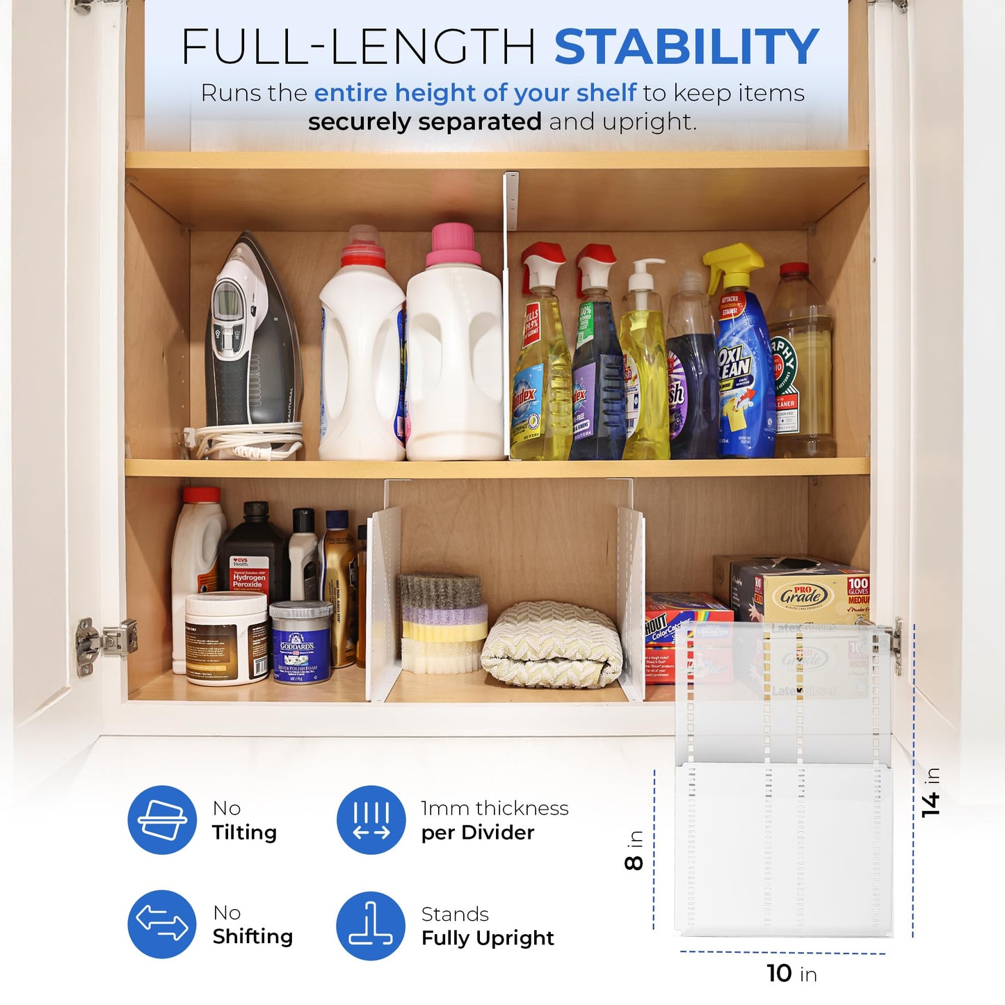 TrueBlueBamboo Adjustable Height Strong Metal Shelf Divider Organizer for Kitchen, Bookshelves, Pantry, Closet. Will not Bend. Extendable Up to 14 inch.