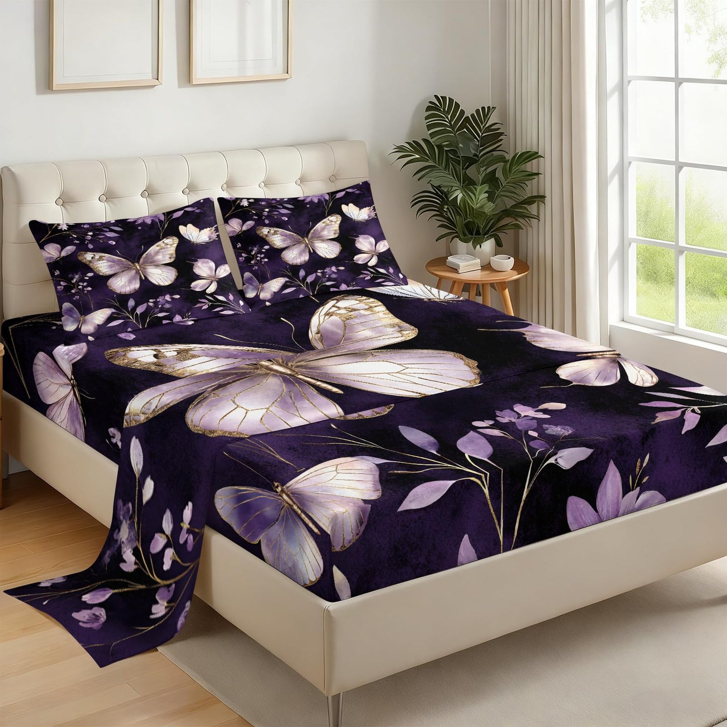 ZAOMIR Purple Butterfly Sheet Set King for Girls, Animal Floral Bed Sheets Set 4Pcs Elegant Flower Leaves Bedding Sheet Sets (Fitted & Flat Sheet+2 Pillowcases)