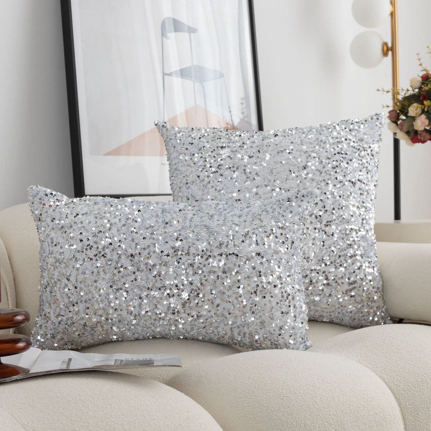 LIGICKY Set of 2 Silver White Glitzy Sequin Throw Pillow Covers Sparkling Decorative Gilter Metallic Square Cushion Cover Glam Pillow Cases for Sofa Couch Bedroom Home Party Decor (18 x 18 Inches)