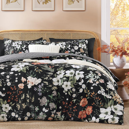 Andency Twin Size 5 Piece Reversible Bed in a Bag - Botanical Floral & Gingham Comforter Set, Farmhouse Vintage Rustic Comforter，Black