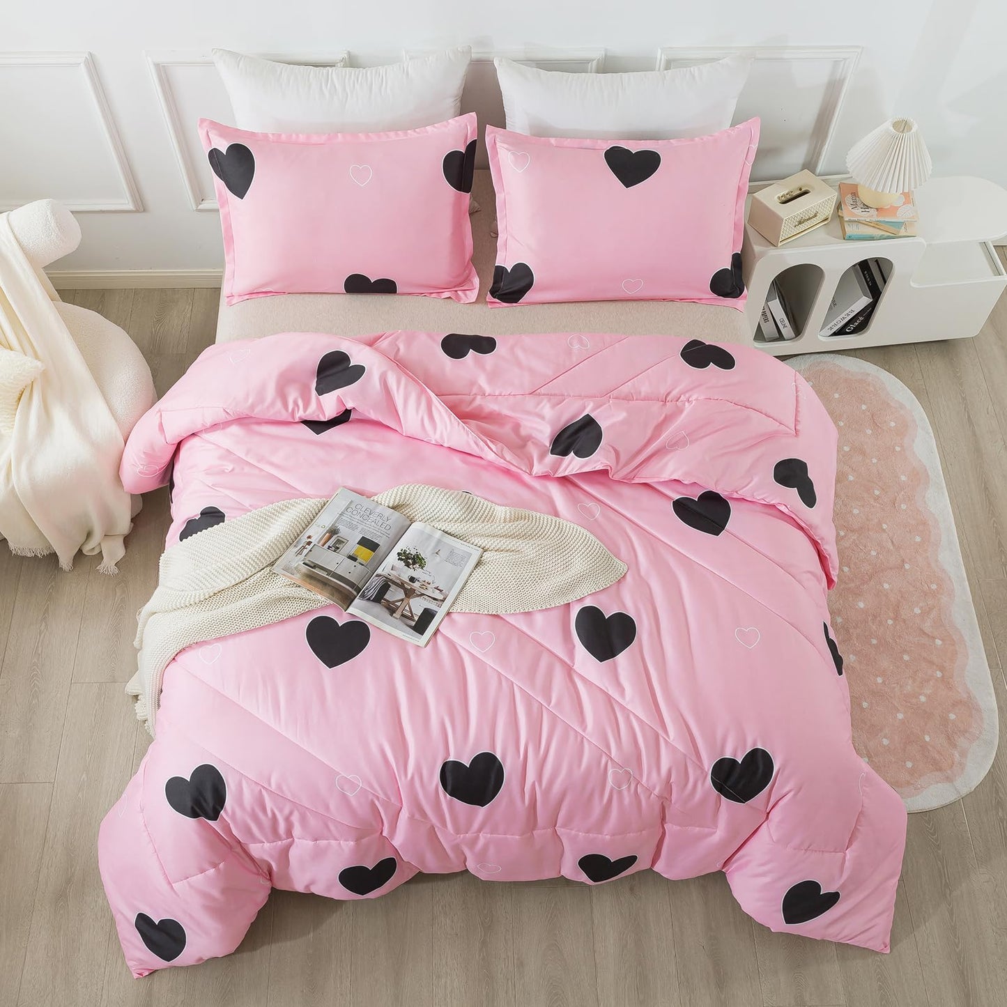 Caressma Girls Pink Comforter Set Twin Size - Blush Pink Cute Love Heart Print Comforter Bedding Set for All Seasons, Geometric Soft Microfiber Comforter Set with Pillowsham