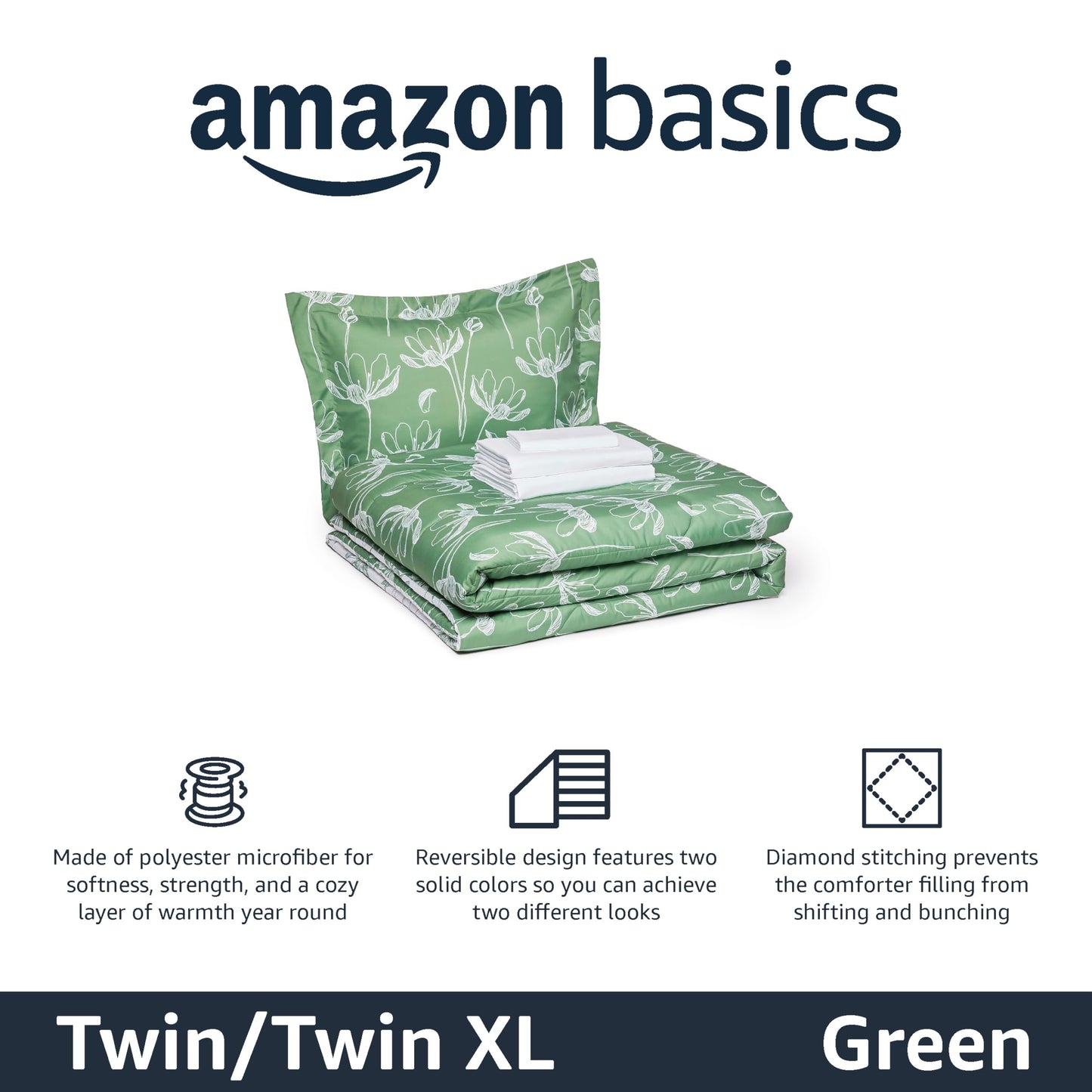 Amazon Basics Lightweight Microfiber Comforter Set, 5-Piece, Bed-in-A-Bag, Twin/Twin XL, Green Floral