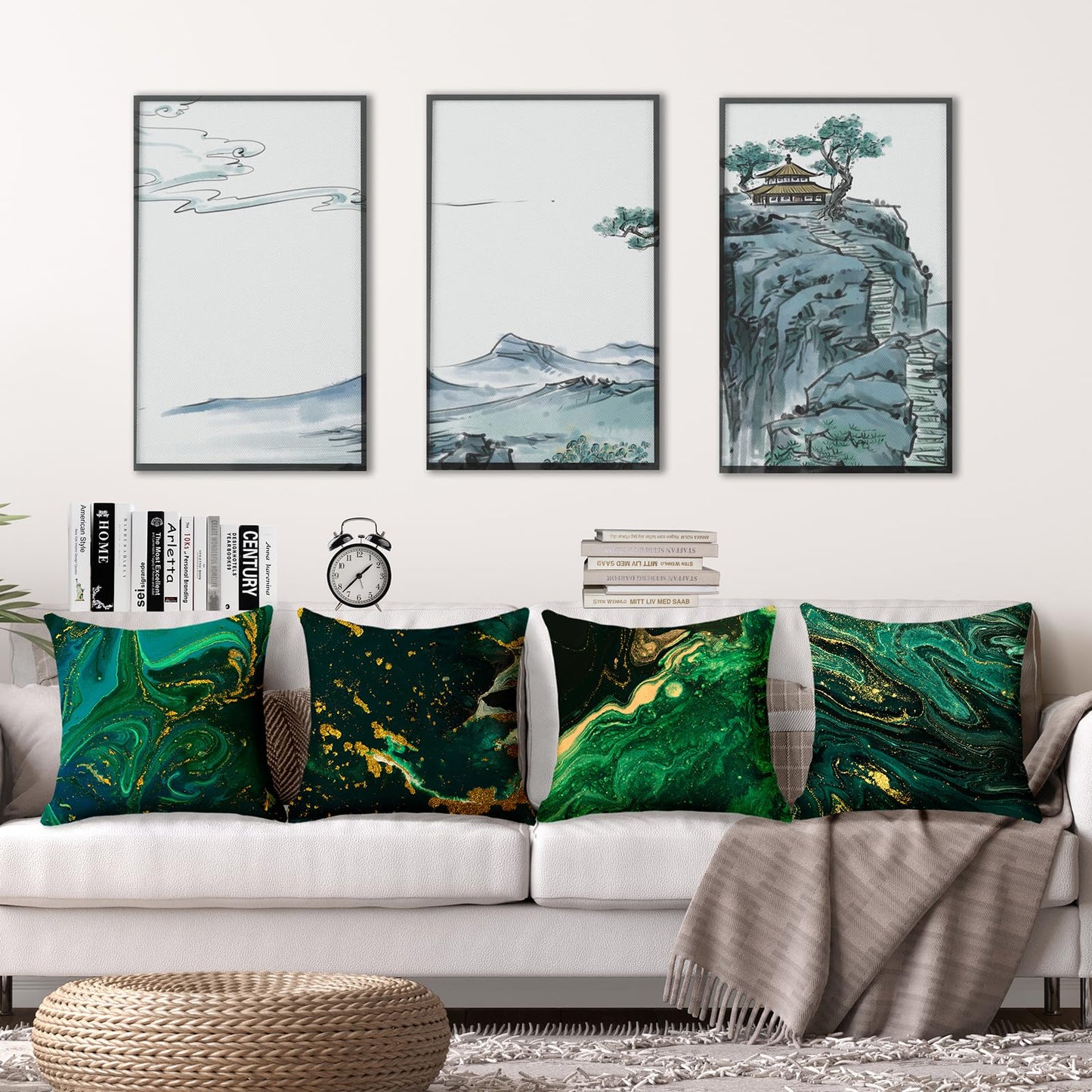 LOHDALOLF Emerald Green Gold Throw Pillow Covers 18x18 inch Set of 4 Abstract Pillow Cases Modern Decorative Cushion Covers for Sofa Couch