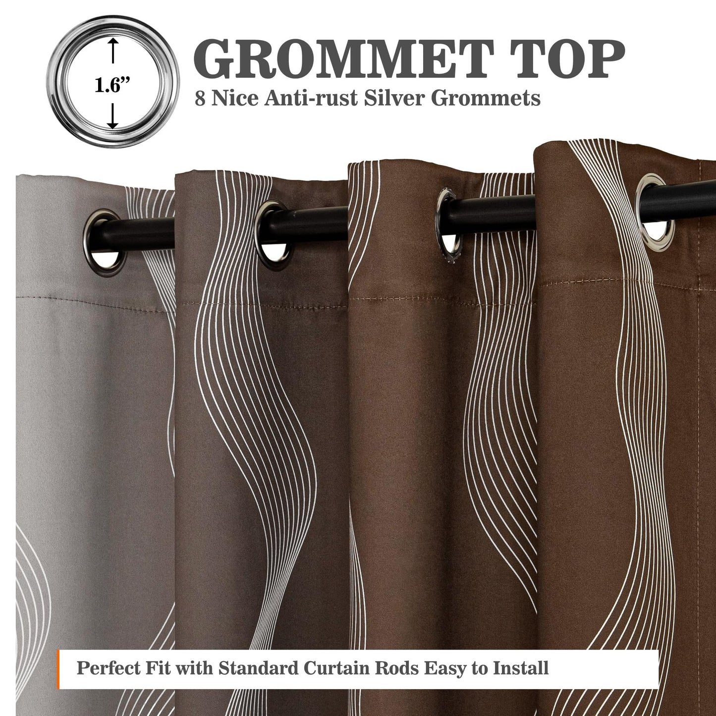 MYSKY HOME Brown and Greyish White 95% Blackout Ombre Curtains 63 inch Length 2 Panels for Bedroom Black Out Thermal Insulated Wave Line Foil Print Design Gradient Drapes for Office Classroom, W 52"